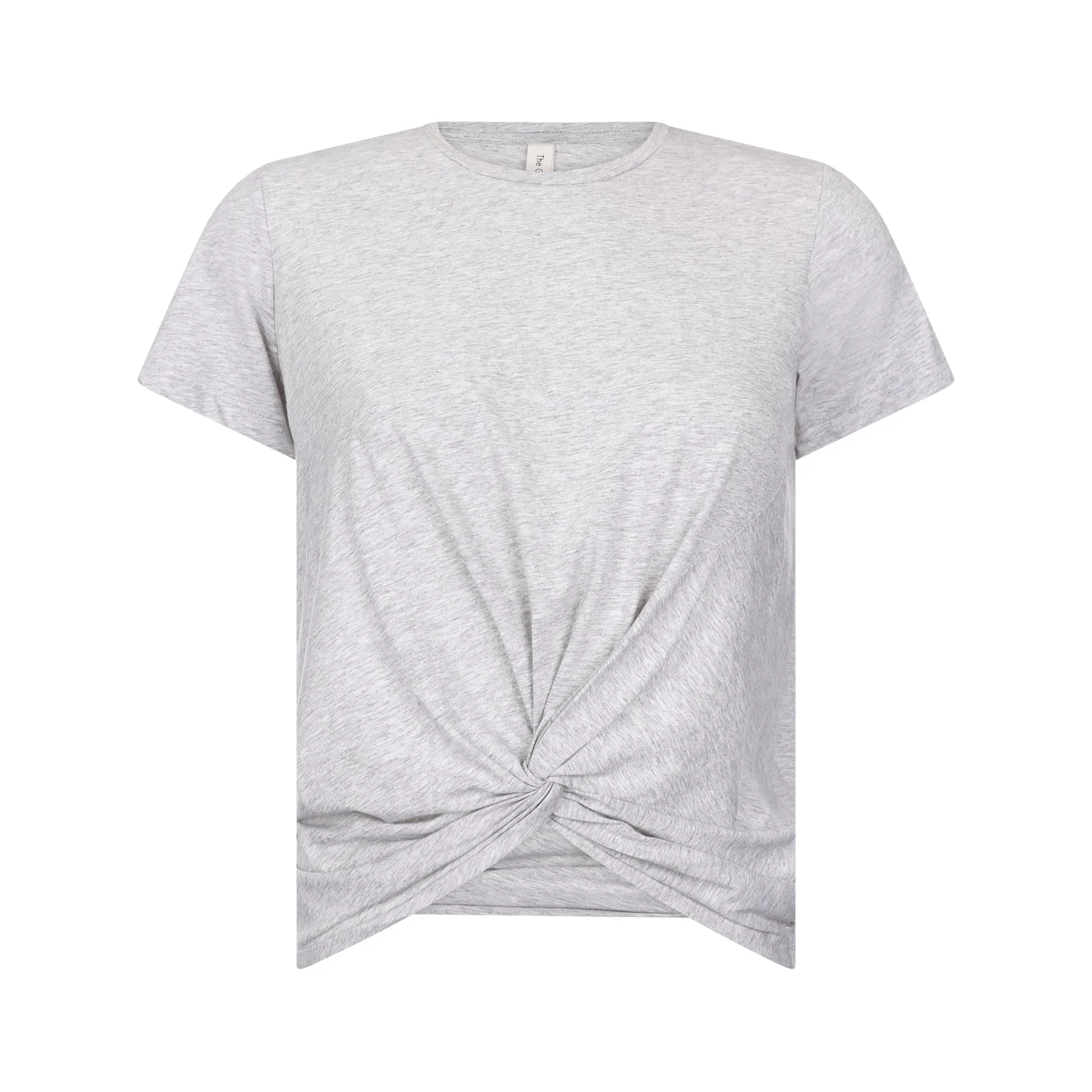 Light gray short-sleeve T-shirt with a knotted twist at the front, made of heathered fabric.