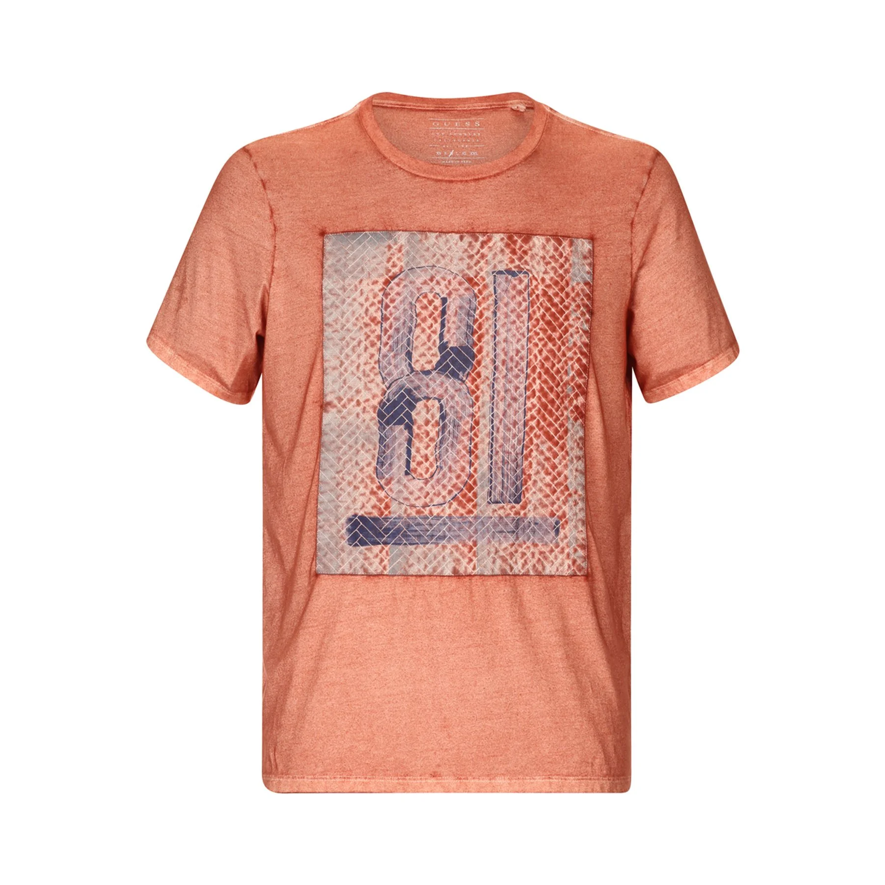 A pink T-shirt with a graphic design on the front, featuring the number 81 over a background of a chain-link fence pattern.