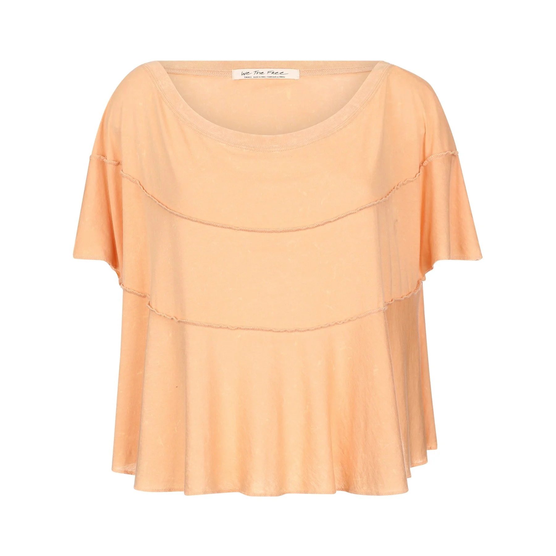 Light peach-colored T-shirt with layered, ruffled sleeves and a round neckline, displayed against a white background.