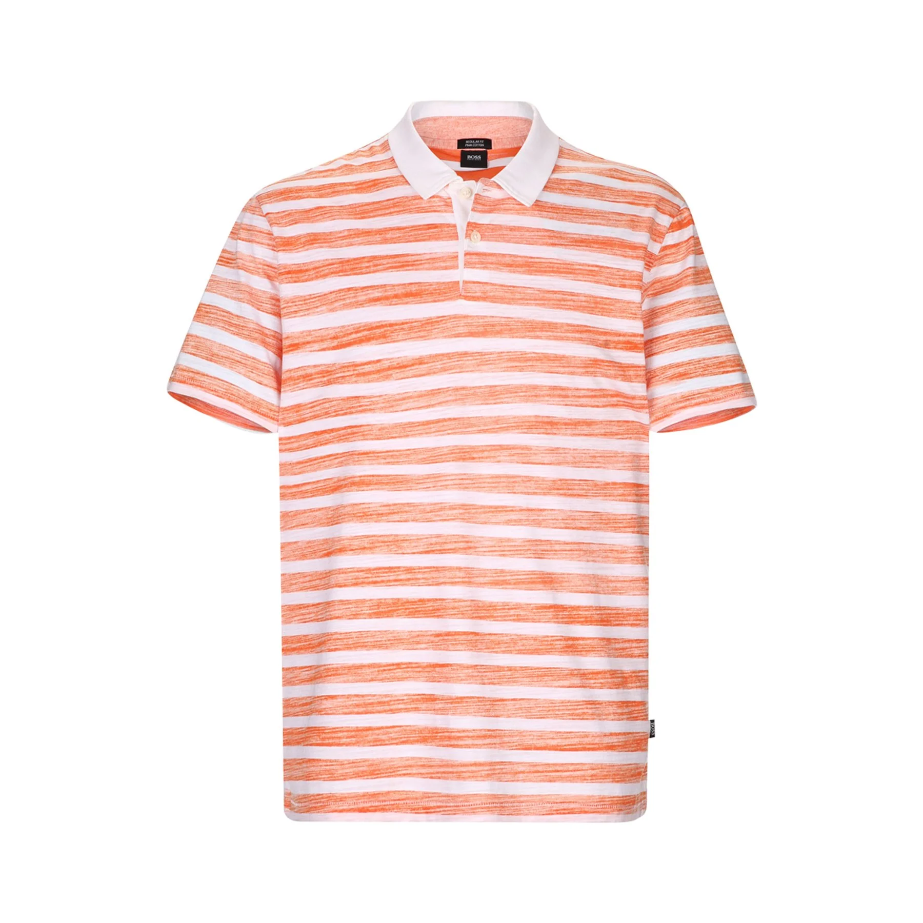 A men's polo shirt with orange and white horizontal stripes, a white collar, and a black brand tag on the bottom right.