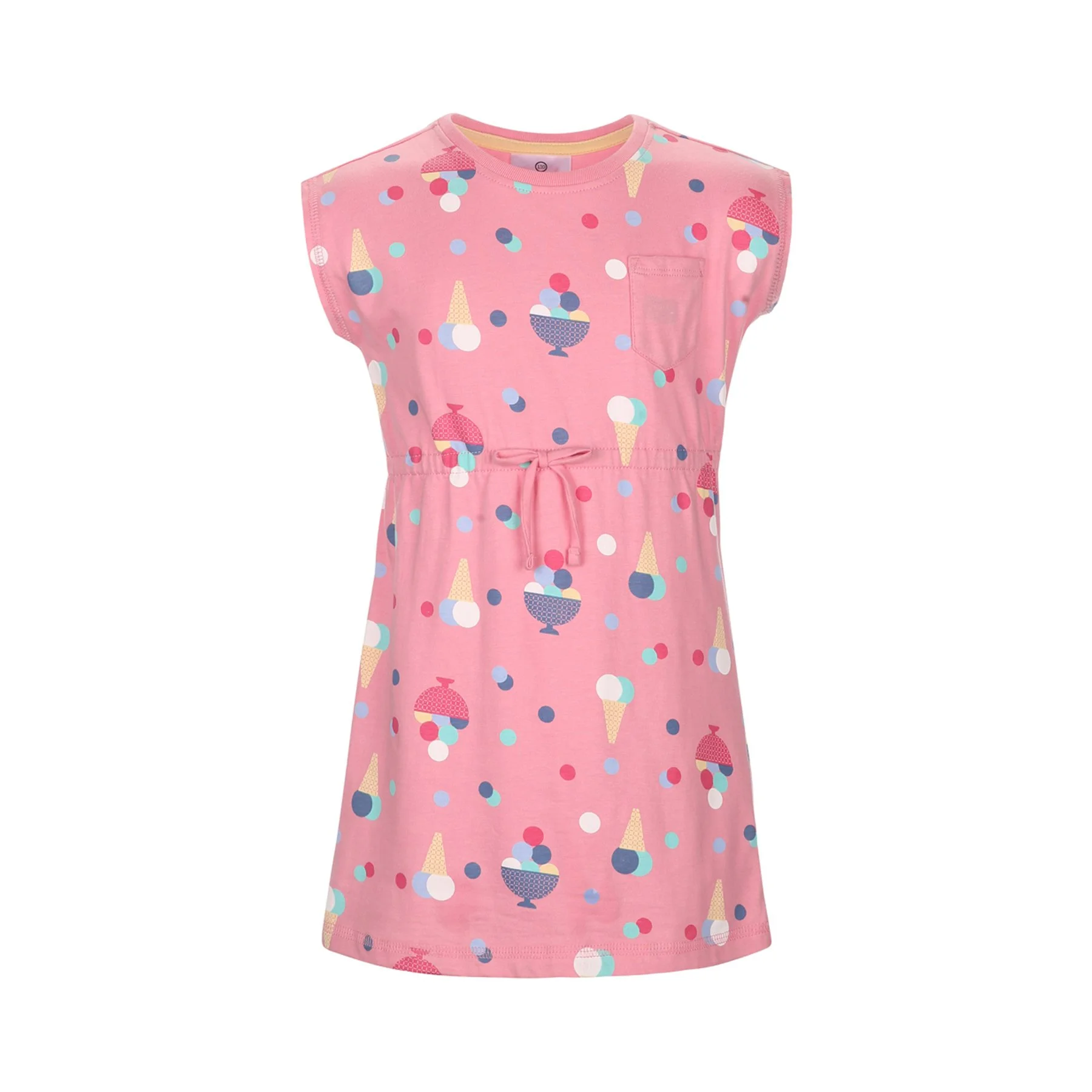 Pink dress with ice cream cone and polka dot pattern, short sleeves, crew neck, chest pocket, and drawstring waist.