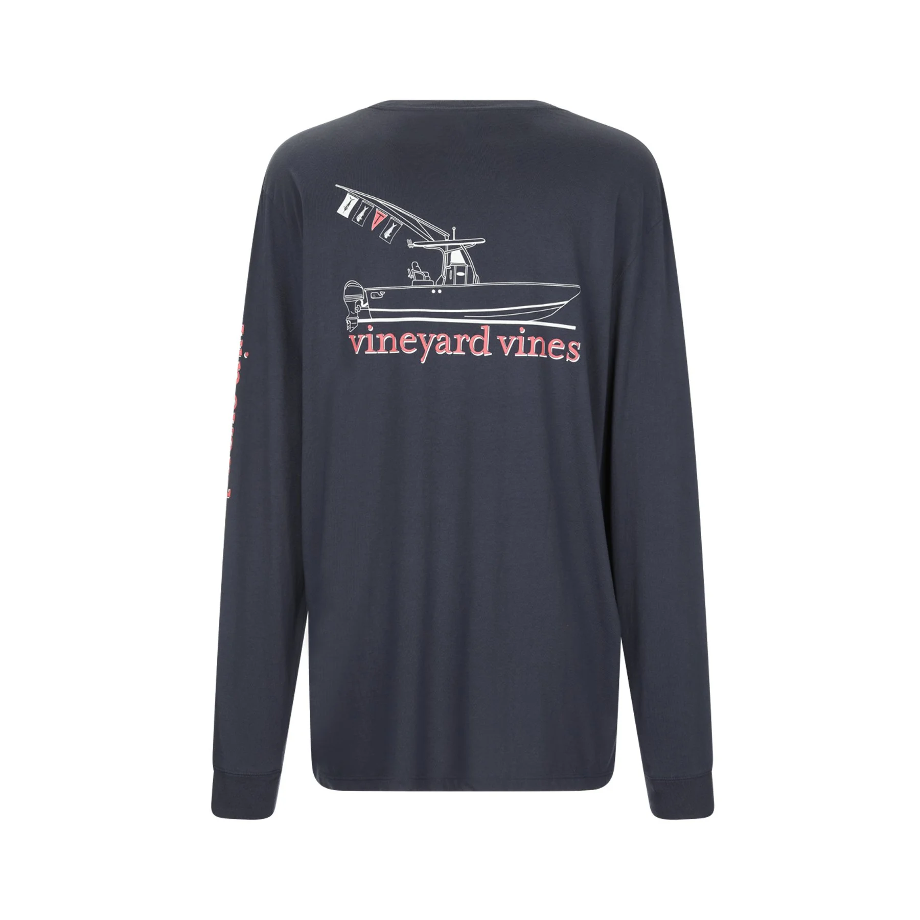 Back of a navy blue long sleeve shirt with a white illustrated boat and the words 'vineyard vines' printed in pink on the back.