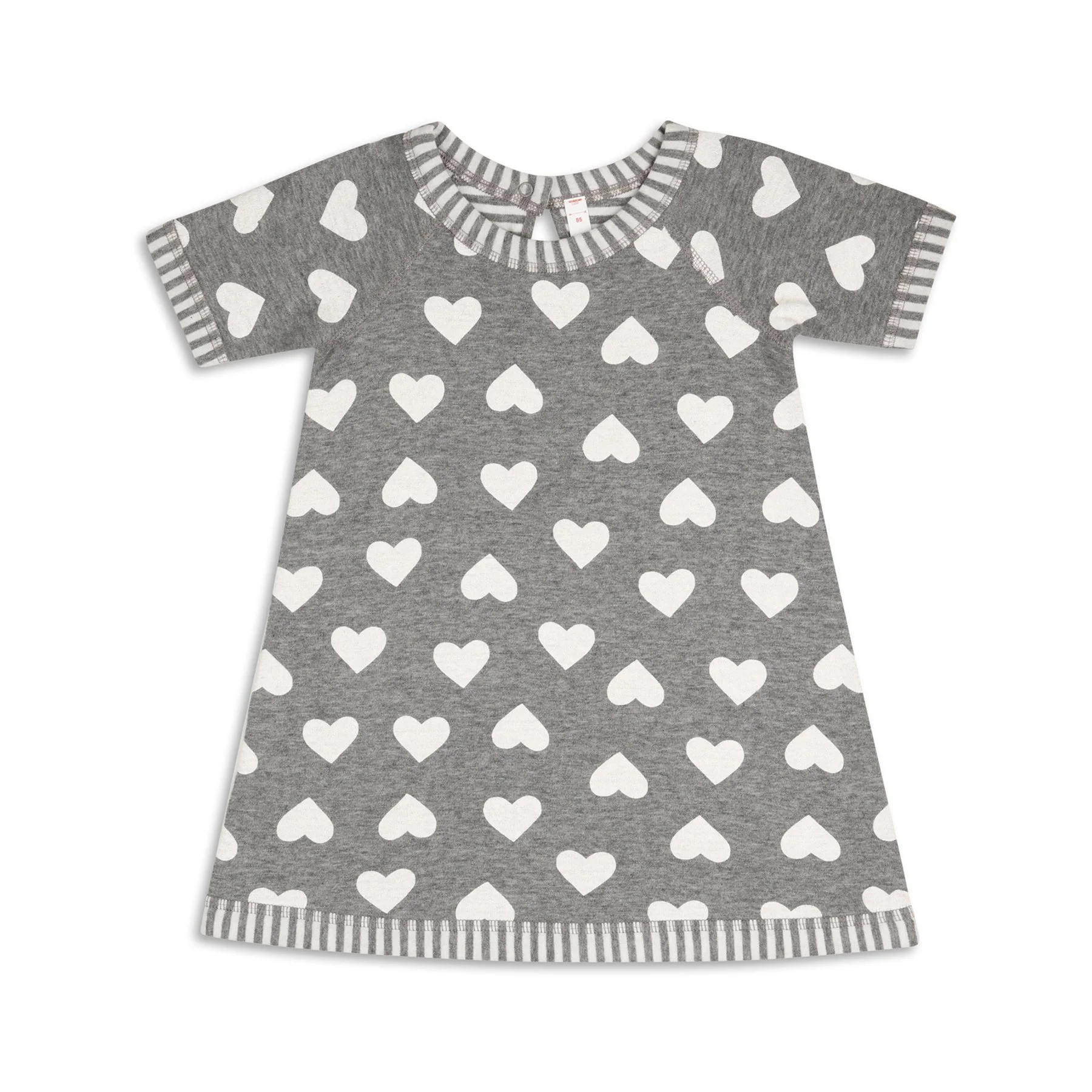 Gray short-sleeve dress for a child with white heart patterns, striped trim around the neckline, sleeves, and hem.