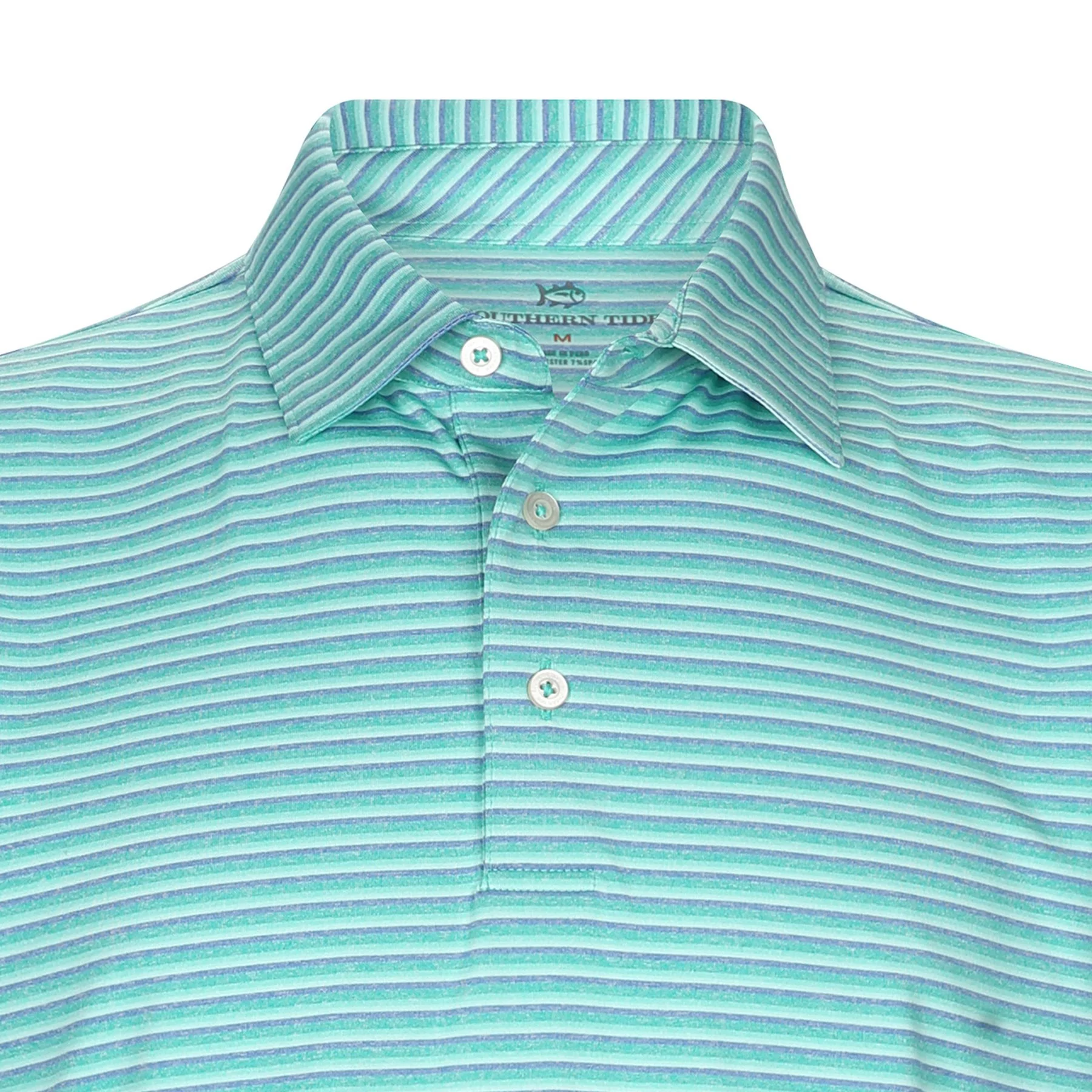 Close-up of a short-sleeved, button-up shirt with light green, teal, and white horizontal stripes.