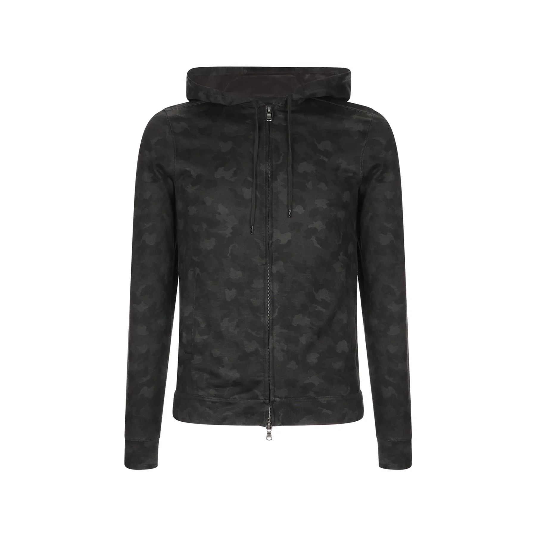 Black zip-up hoodie with camouflage pattern and drawstring hood, shown against a plain white background.