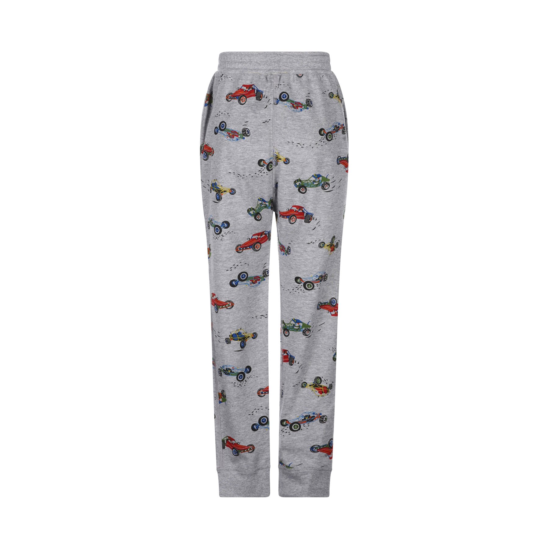 Gray children's pajama pants with a colorful race car pattern.