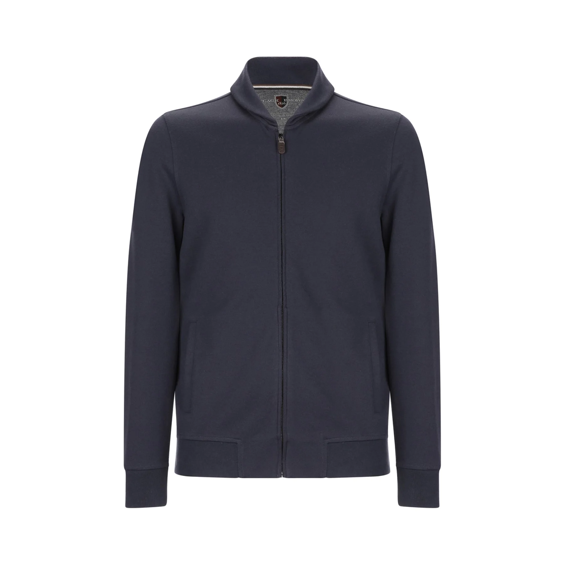 Navy blue full zip men's jacket with a stand collar, front pockets, and no visible branding.