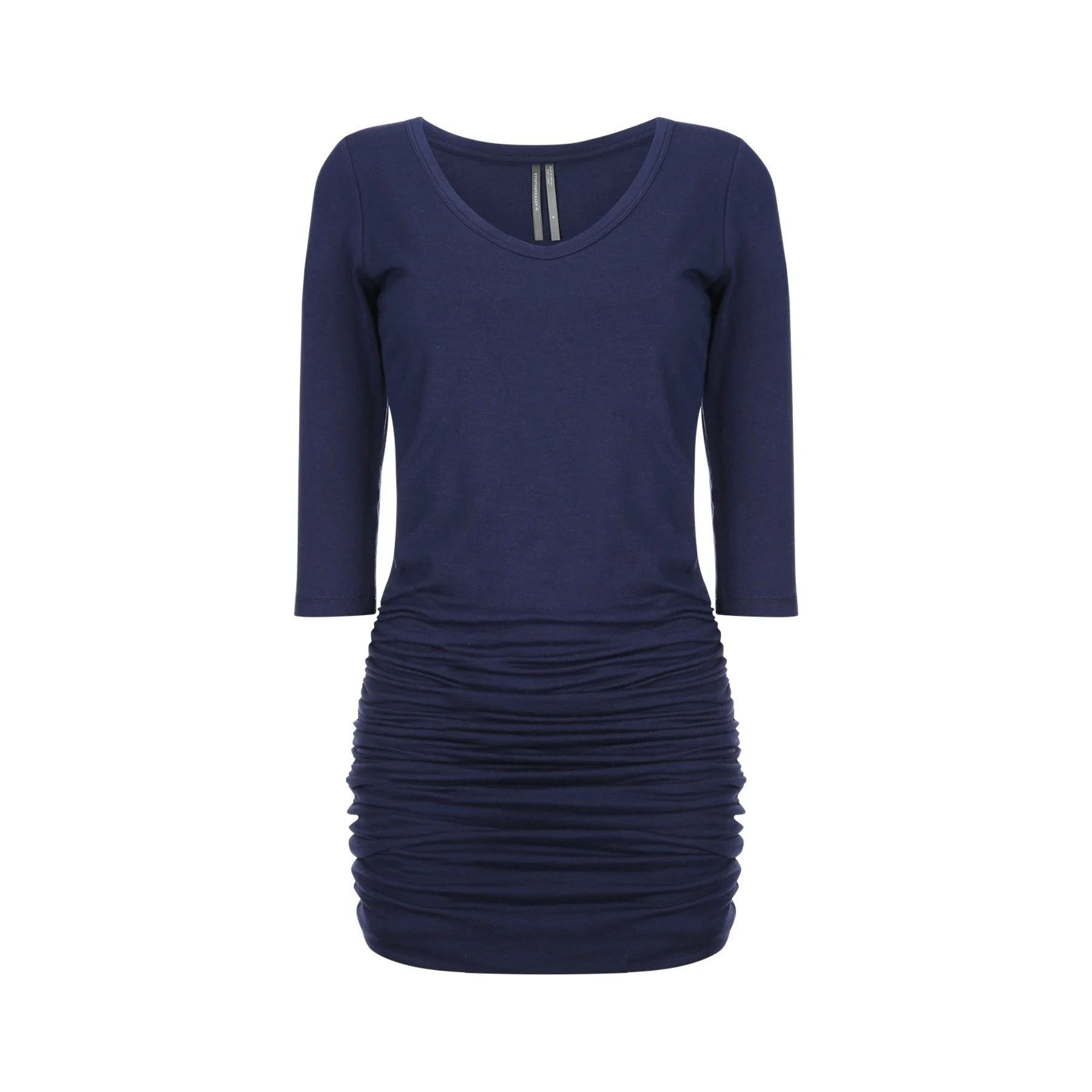 A navy blue long-sleeve shirt with a V-neckline and ruched fabric from the bust down to the hem.
