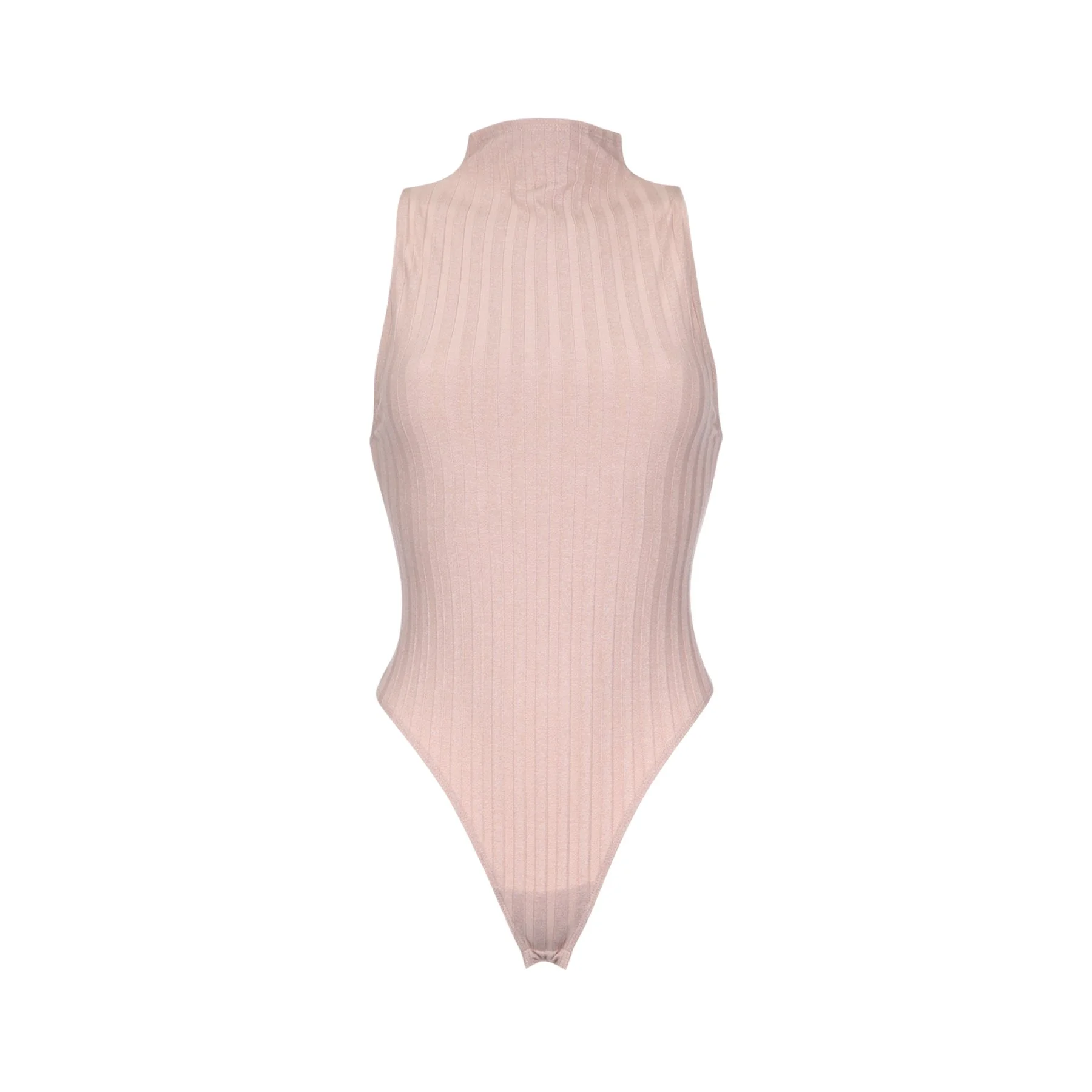A mannequin wearing a form-fitting, sleeveless, pale pink ribbed turtleneck bodysuit with a high neckline.