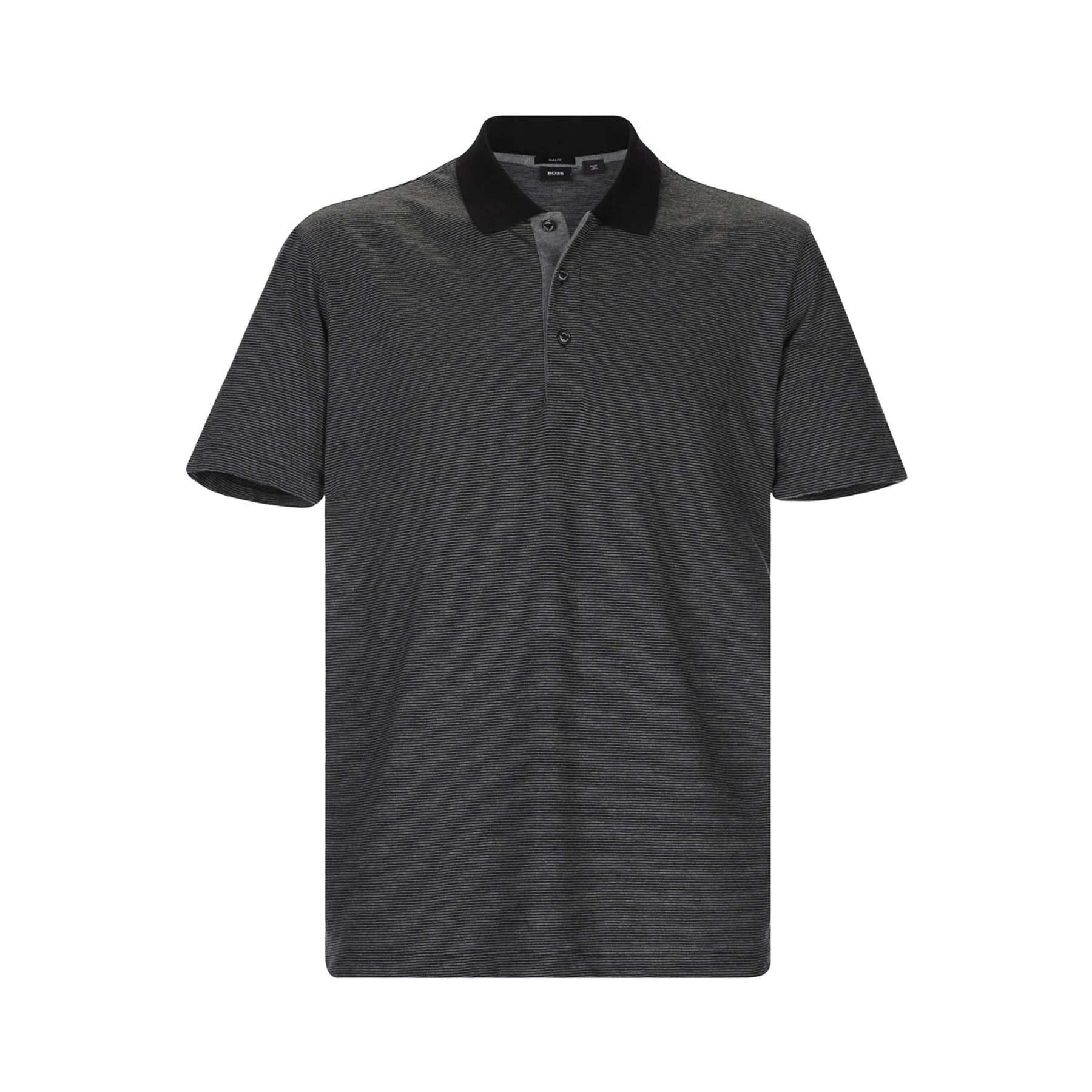 Gray and black striped polo shirt with black collar and buttons.