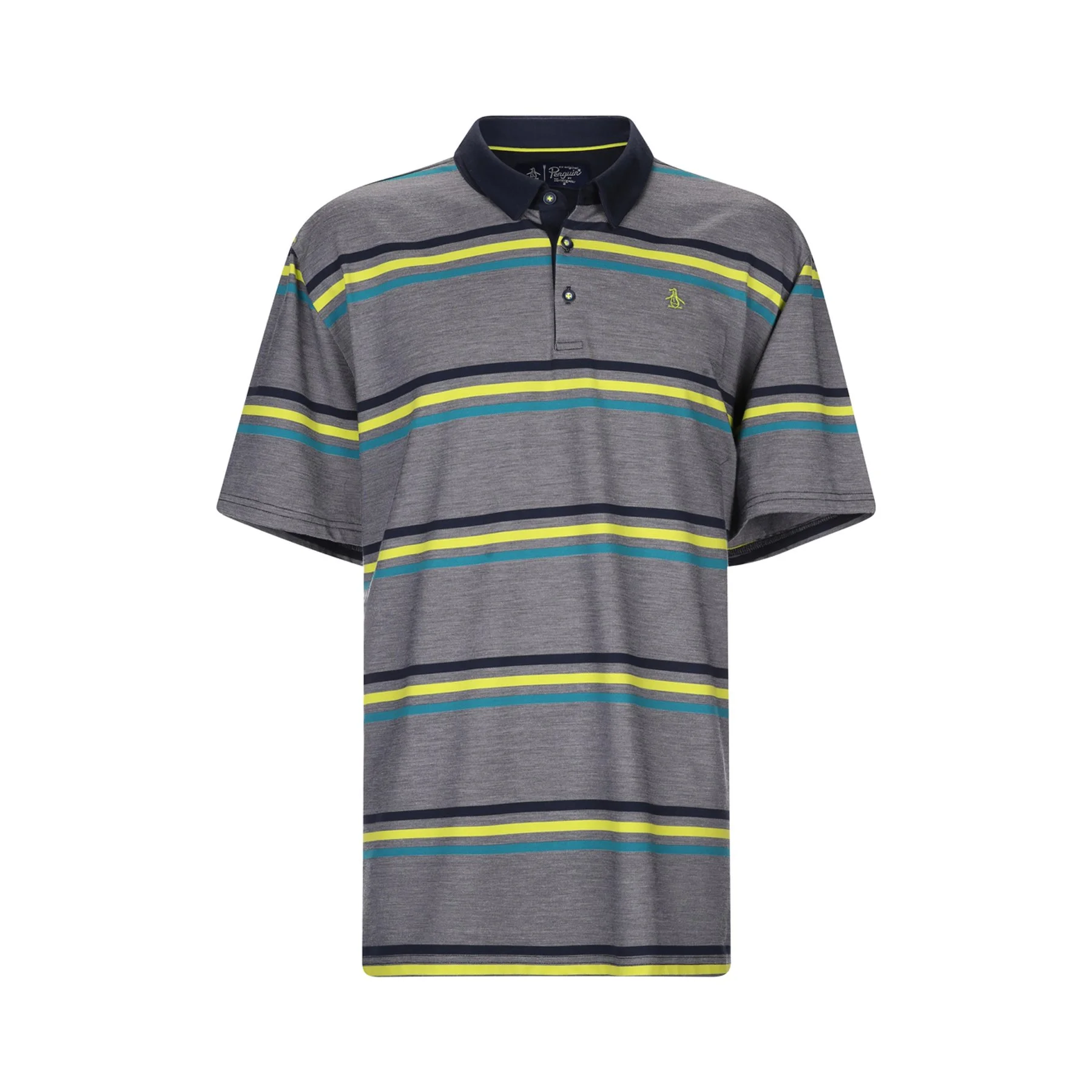 Gray striped polo shirt with dark collar and yellow, teal, and dark blue horizontal stripes.