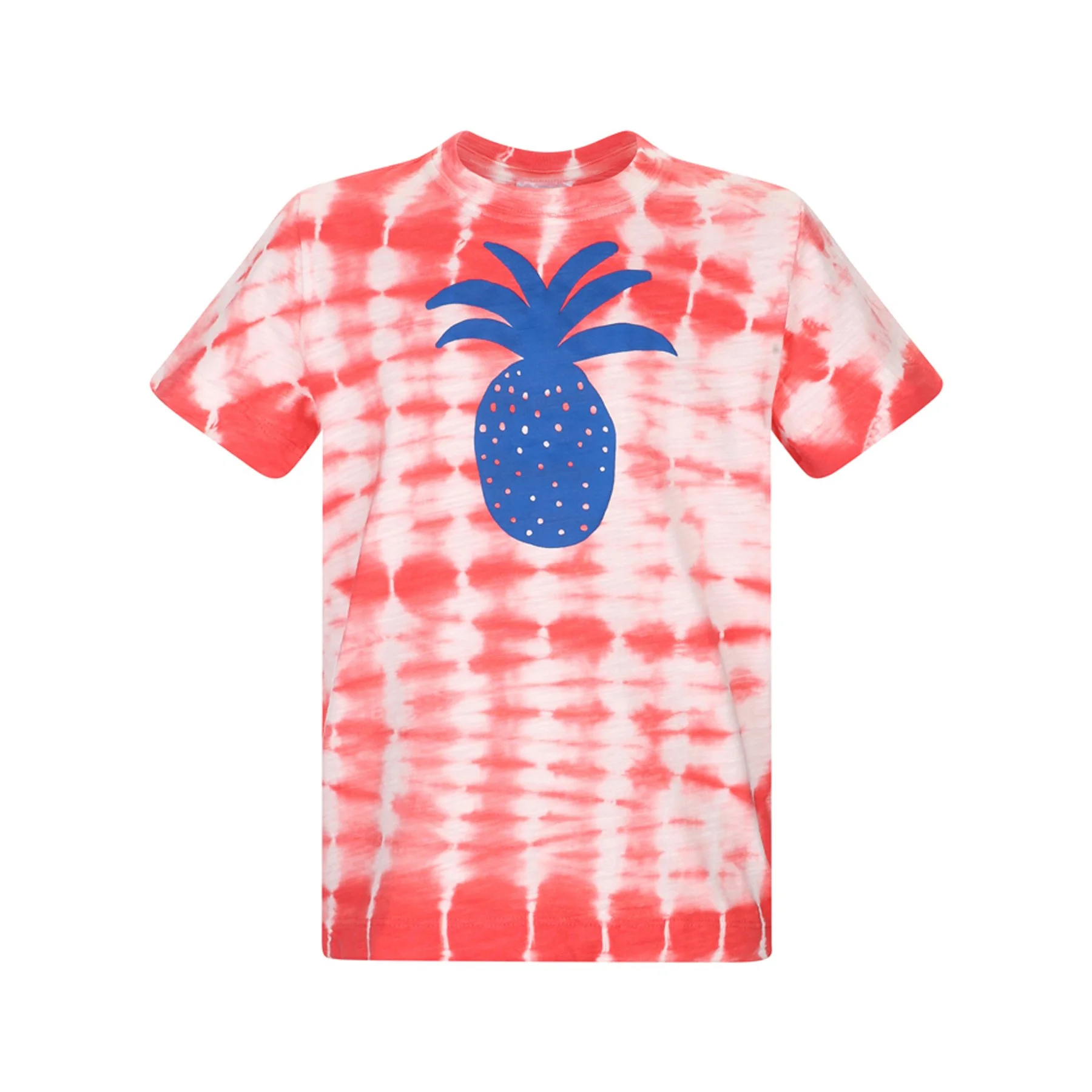 A pink and white tie-dye t-shirt featuring a large blue pineapple graphic on the front.