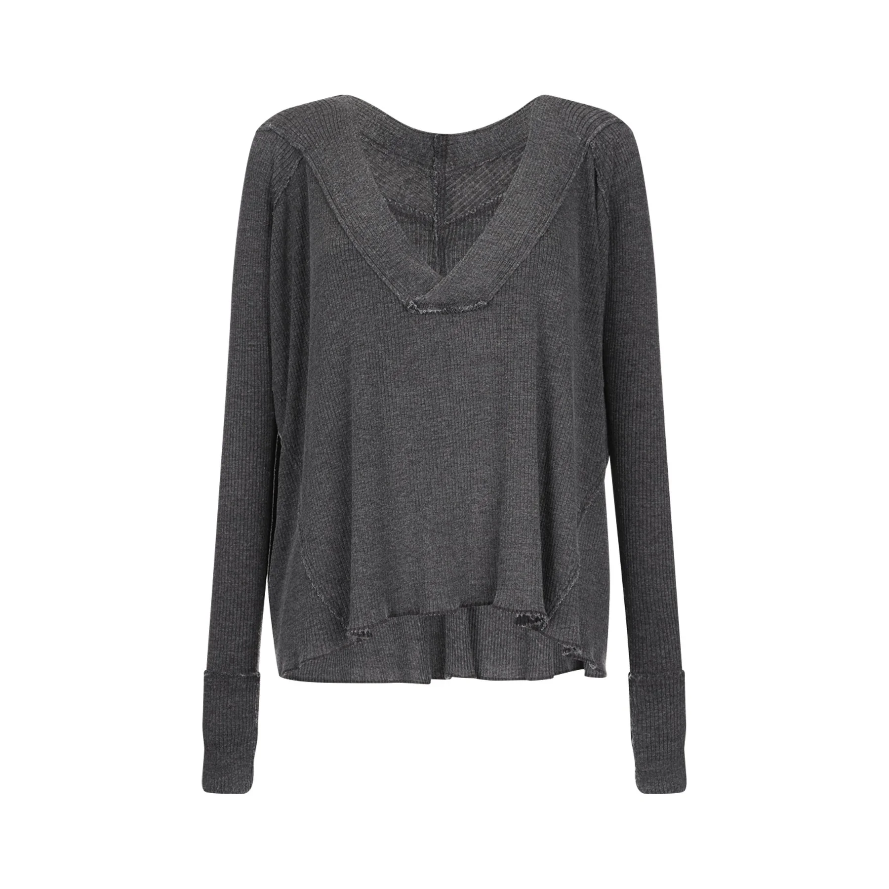 The image shows a dark gray long-sleeve sweater with a scoop neckline, featuring a slightly distressed hem at the bottom and subtle textured knit patterns on the shoulders and sleeves.