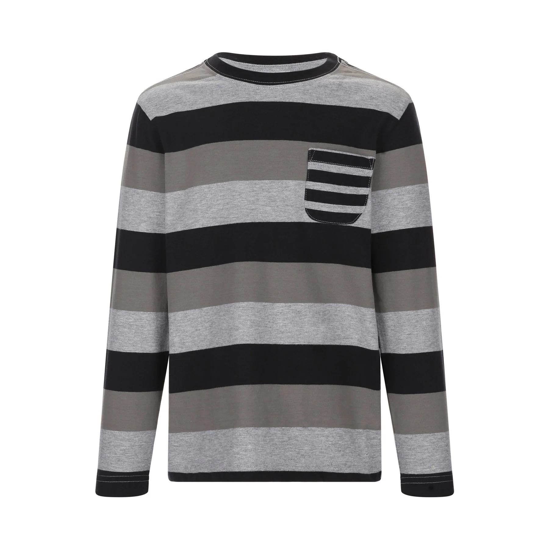 Long-sleeve shirt with horizontal black, gray, and light gray stripes and a black pocket with gray and black stripes on the chest.