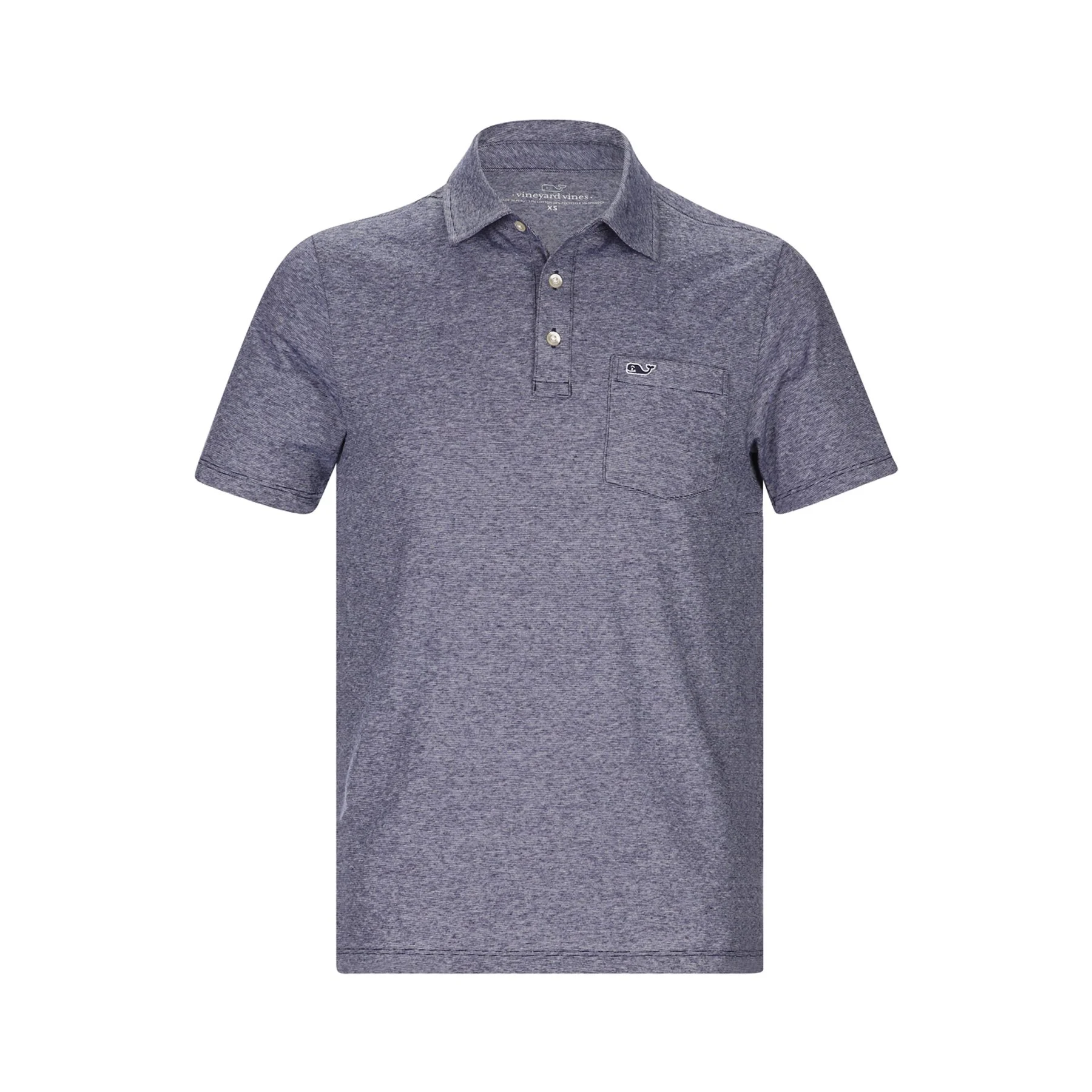 A short-sleeved, button-up polo shirt in heathered gray fabric with a small logo on the chest pocket and a collar.