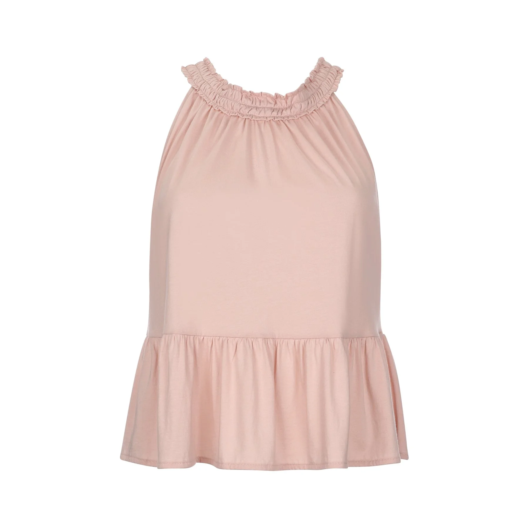 A light pink dress with ruffled shoulders, gathered at the neckline, and a tiered ruffle below the waist, made of a silky fabric.