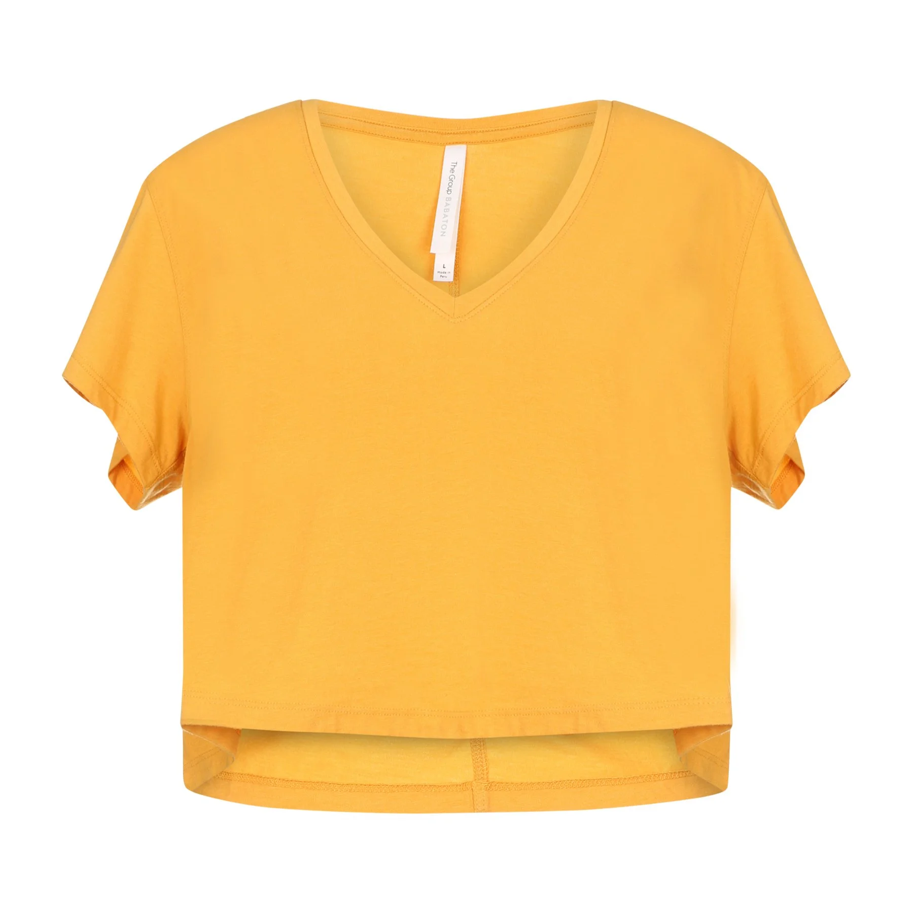 A yellow short-sleeve V-neck T-shirt with visible stitching.