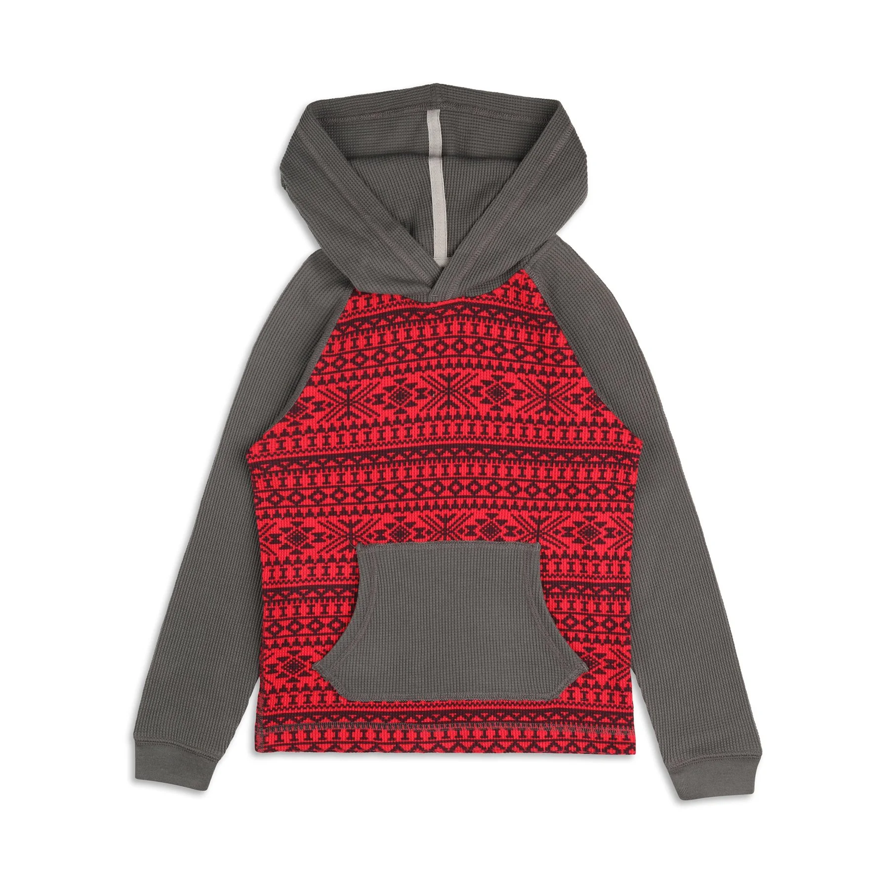 Gray hoodie sweatshirt with red and black patterned design on the front and black drawstring