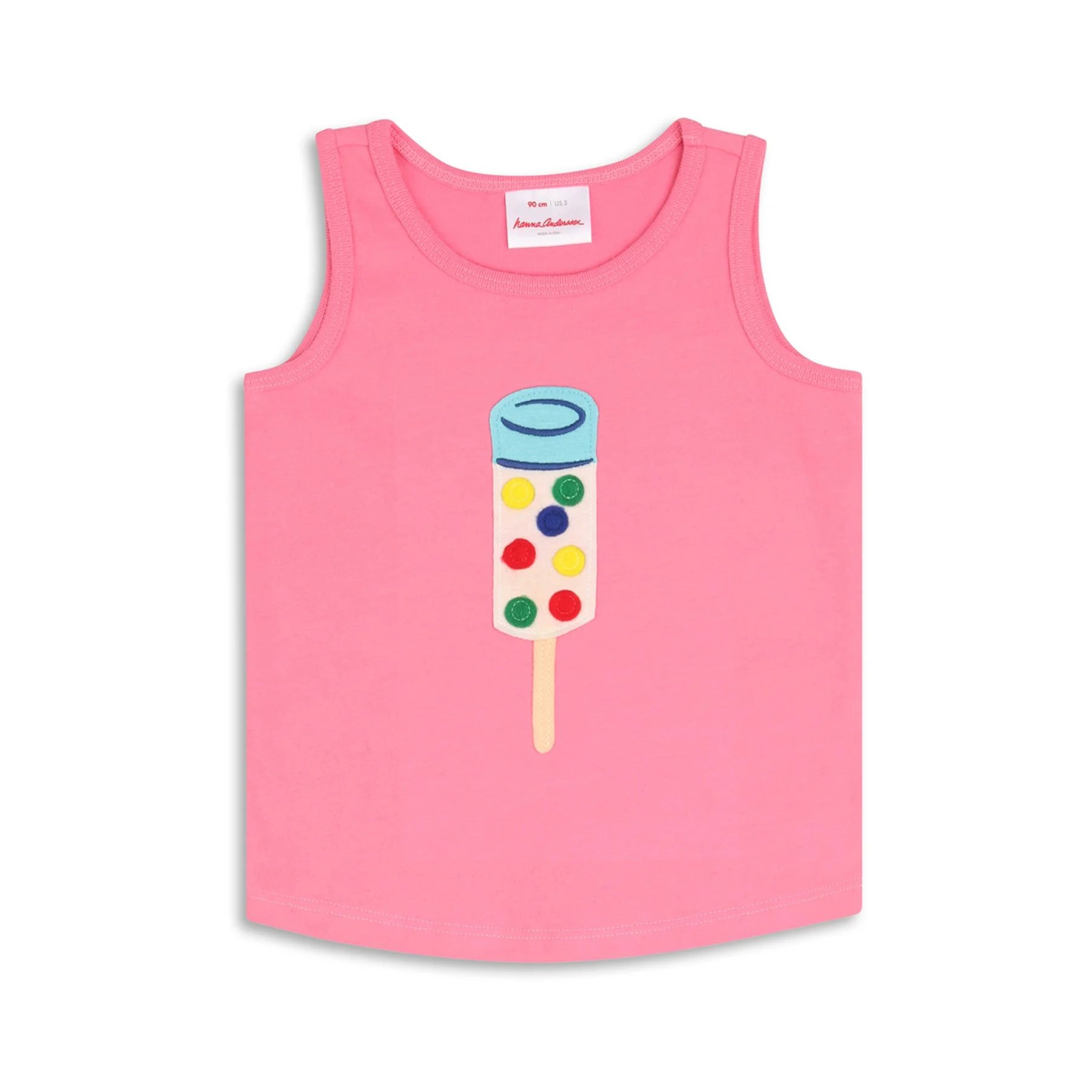 Pink sleeveless dress with a colorful popsicle illustration on the front.
