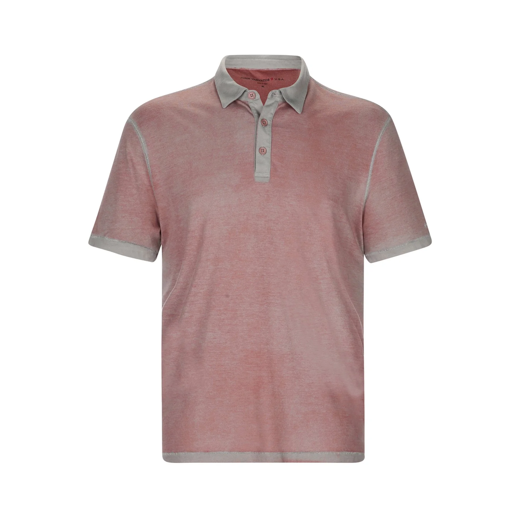 Pink and gray polo shirt with a heathered pink body and gray collar and trim, short sleeves, buttoned placket, and branded label inside the collar.