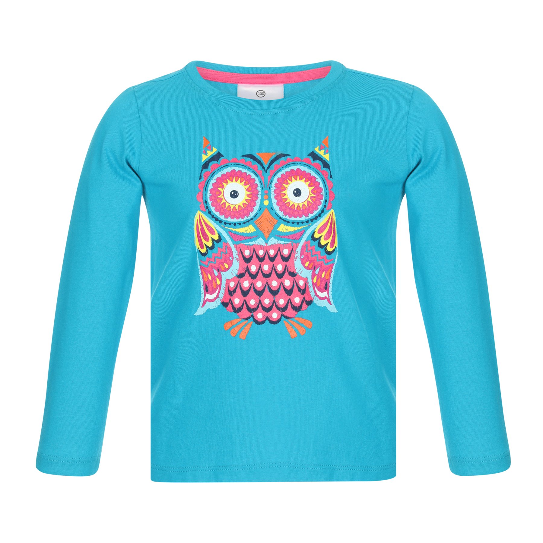 Blue long-sleeve shirt with a colorful owl graphic on the front.
