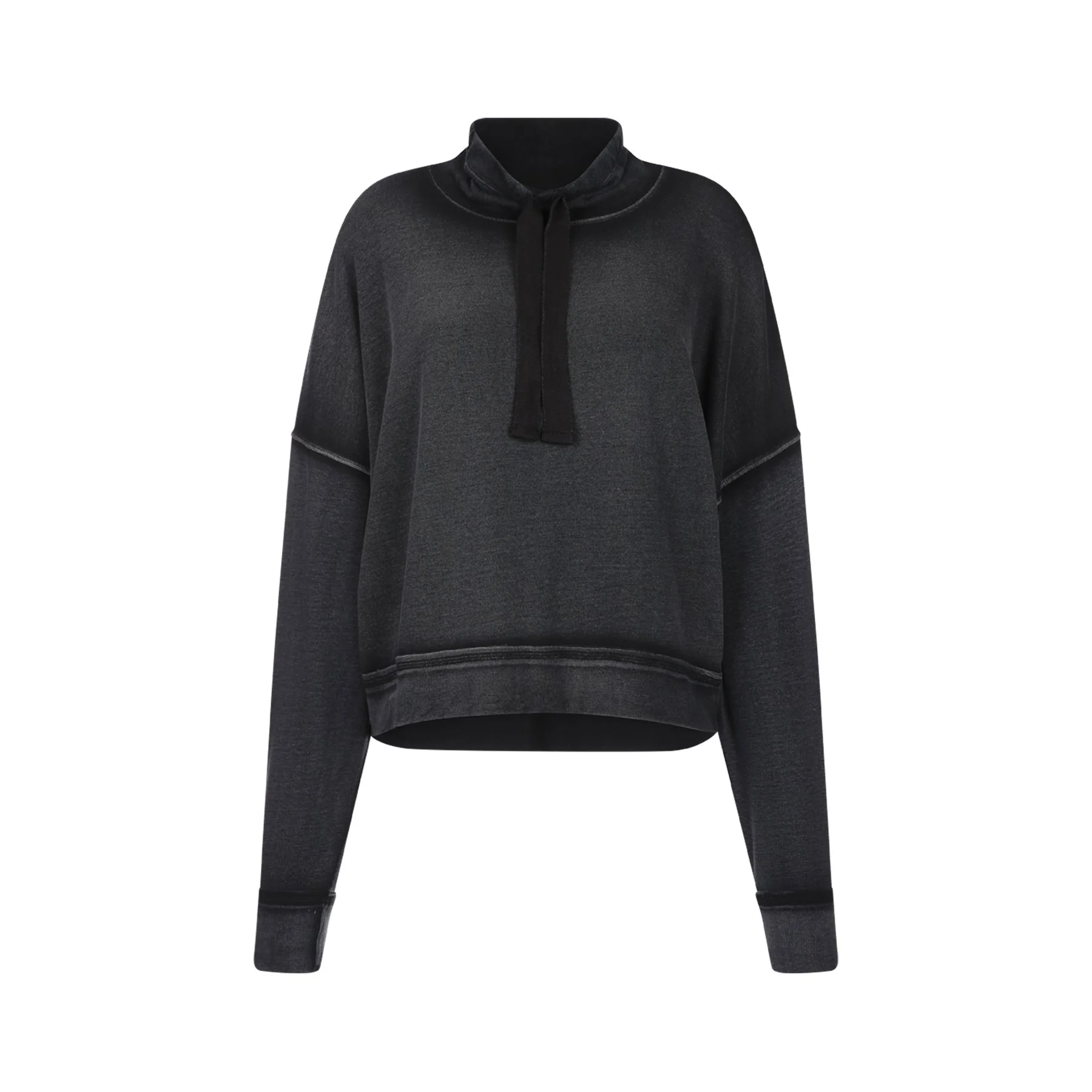 Black and gray hoodie with a high collar and drawstrings, paired with matching jogger pants.