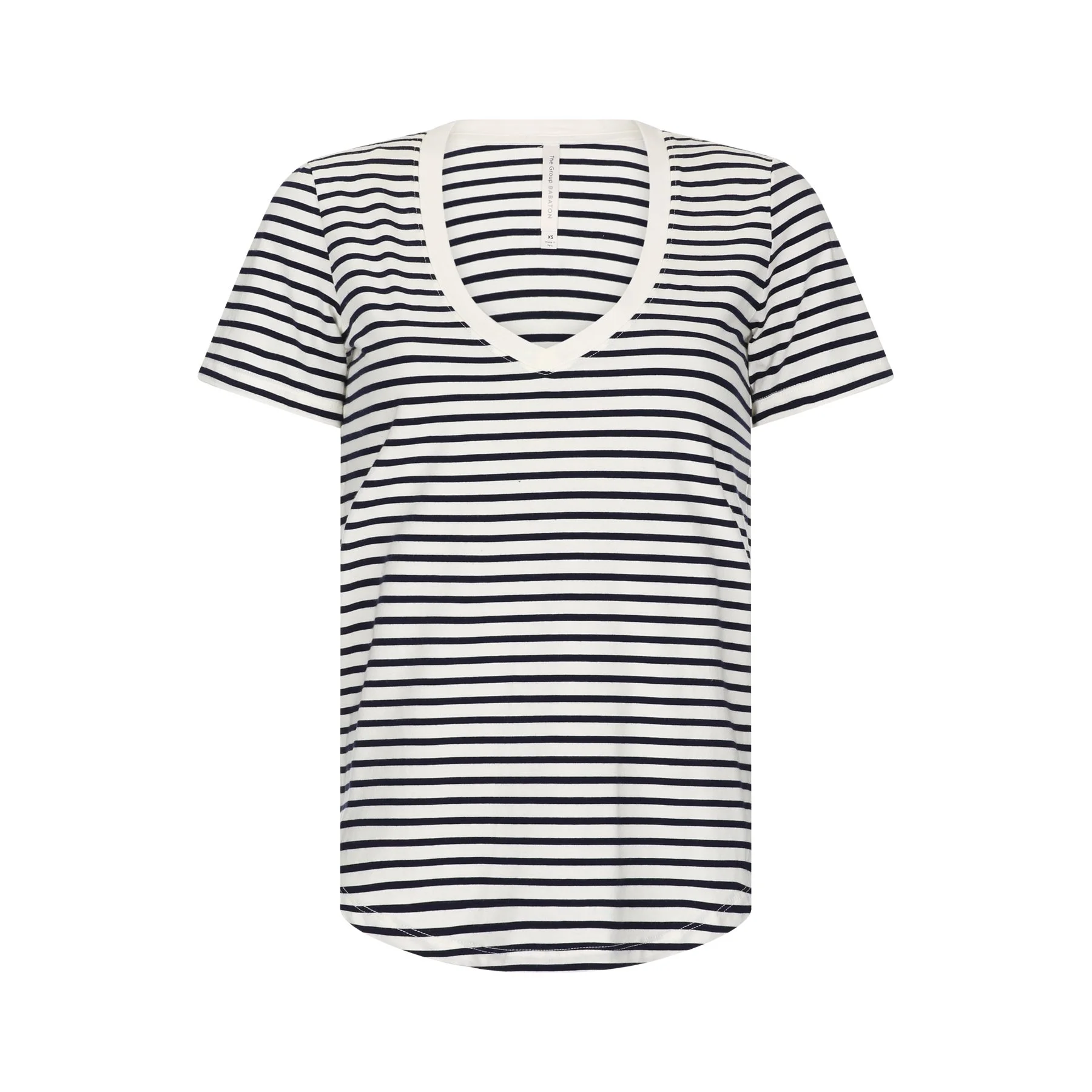 A short-sleeved, V-neck T-shirt with black and white horizontal stripes.