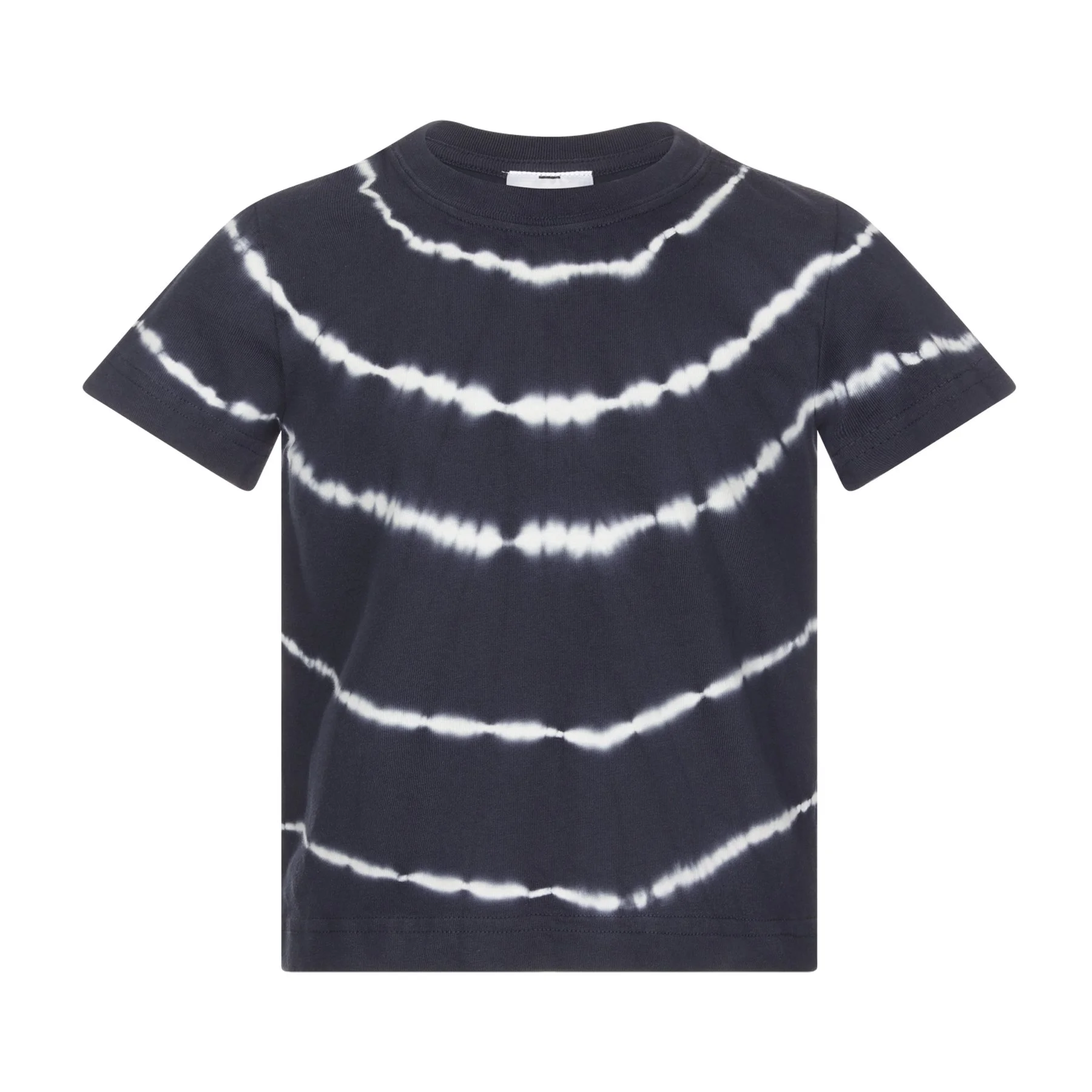 Black T-shirt with white tie-dye spiral pattern.