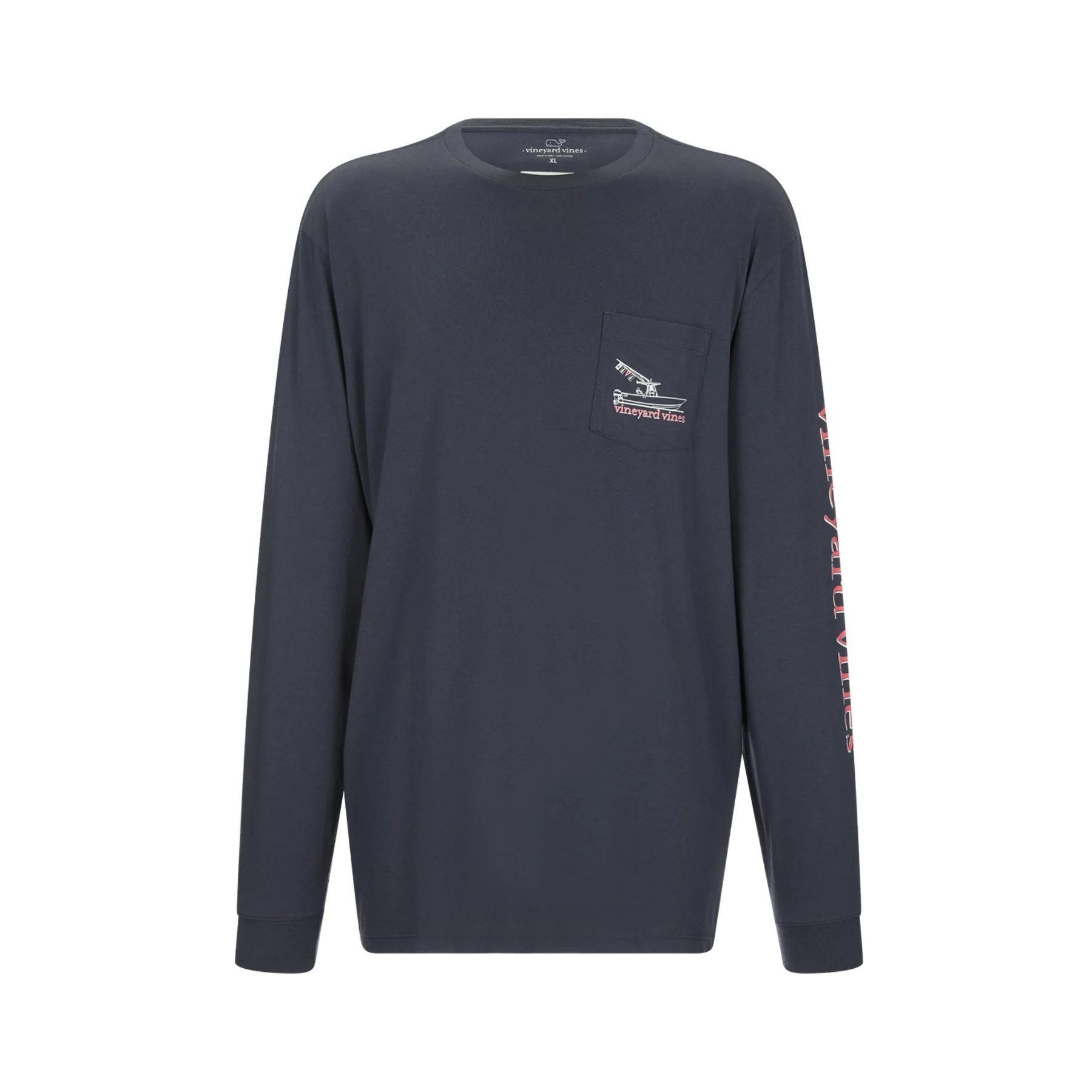 Blue long sleeve sweatshirt with a pocket on the chest featuring a vineyard vines logo with an airplane and boat illustration on a plain white background.
