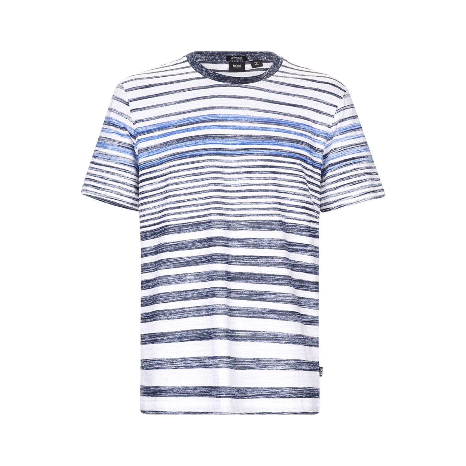 A white T-shirt with navy and light blue horizontal stripes and a navy crew neckline.