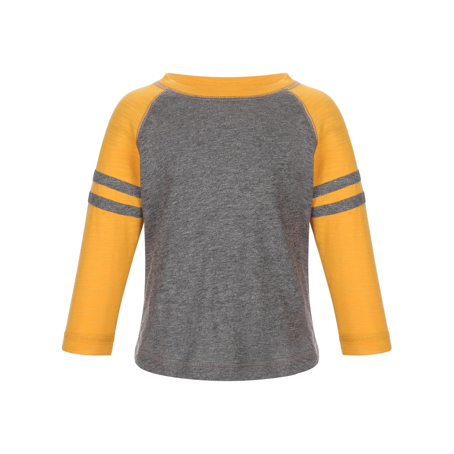Gray long-sleeve shirt with yellow sleeves and striped accents on the sleeves.