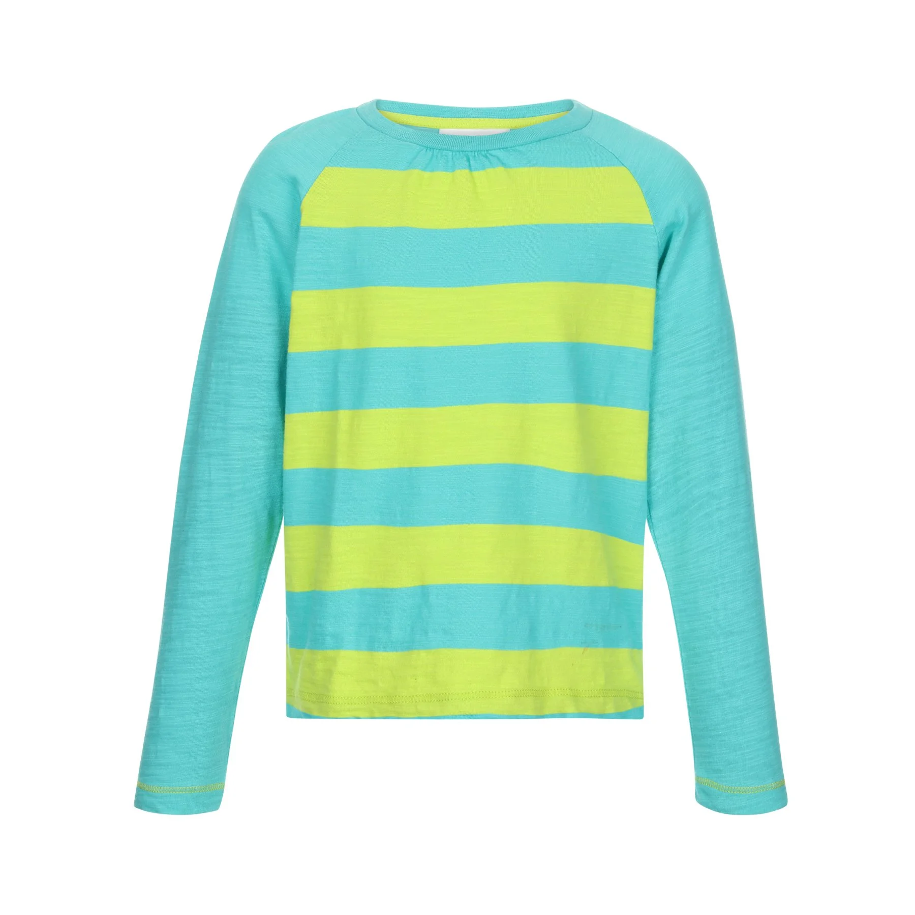 Light blue long-sleeve shirt with horizontal yellow and blue stripes.