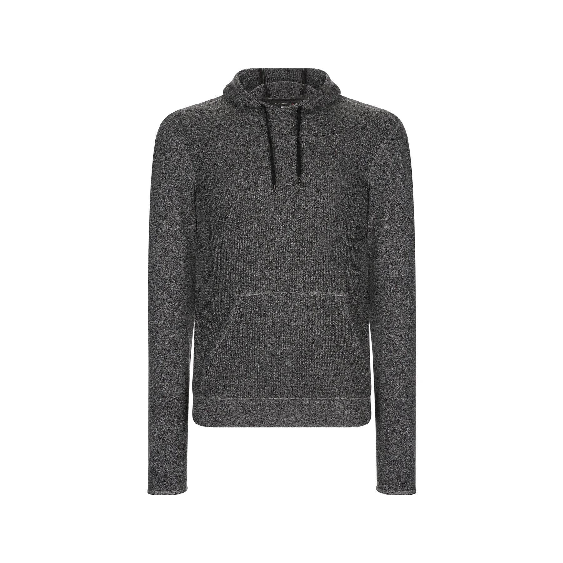 A dark gray, long-sleeve hoodie with a drawstring hood and a slim fit, made of textured fabric.