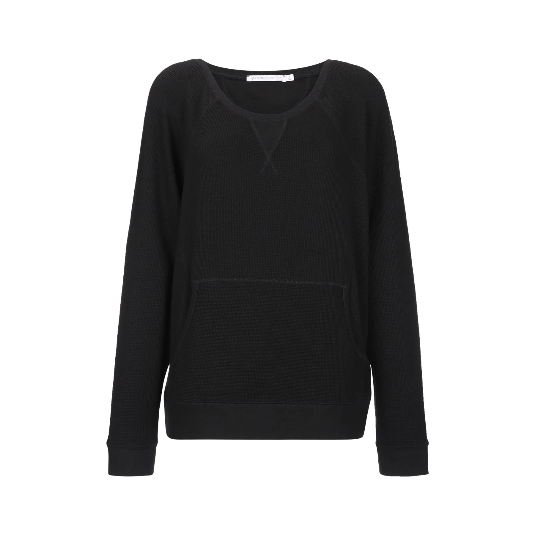 Black crewneck sweatshirt with a textured fabric, long sleeves, and ribbed cuffs, displayed on a plain white background.
