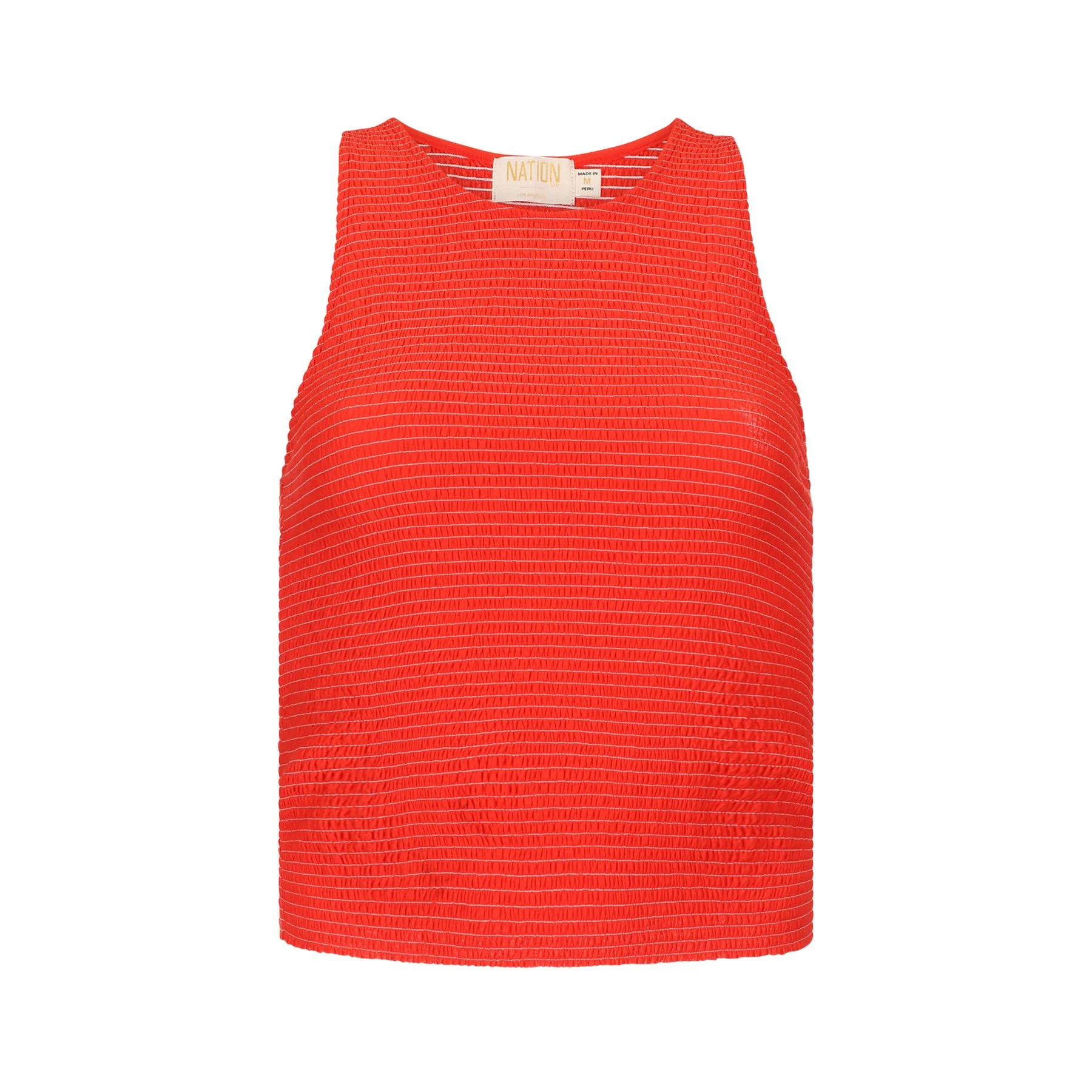 A sleeveless red top with a textured pattern and horizontal white pinstripes.