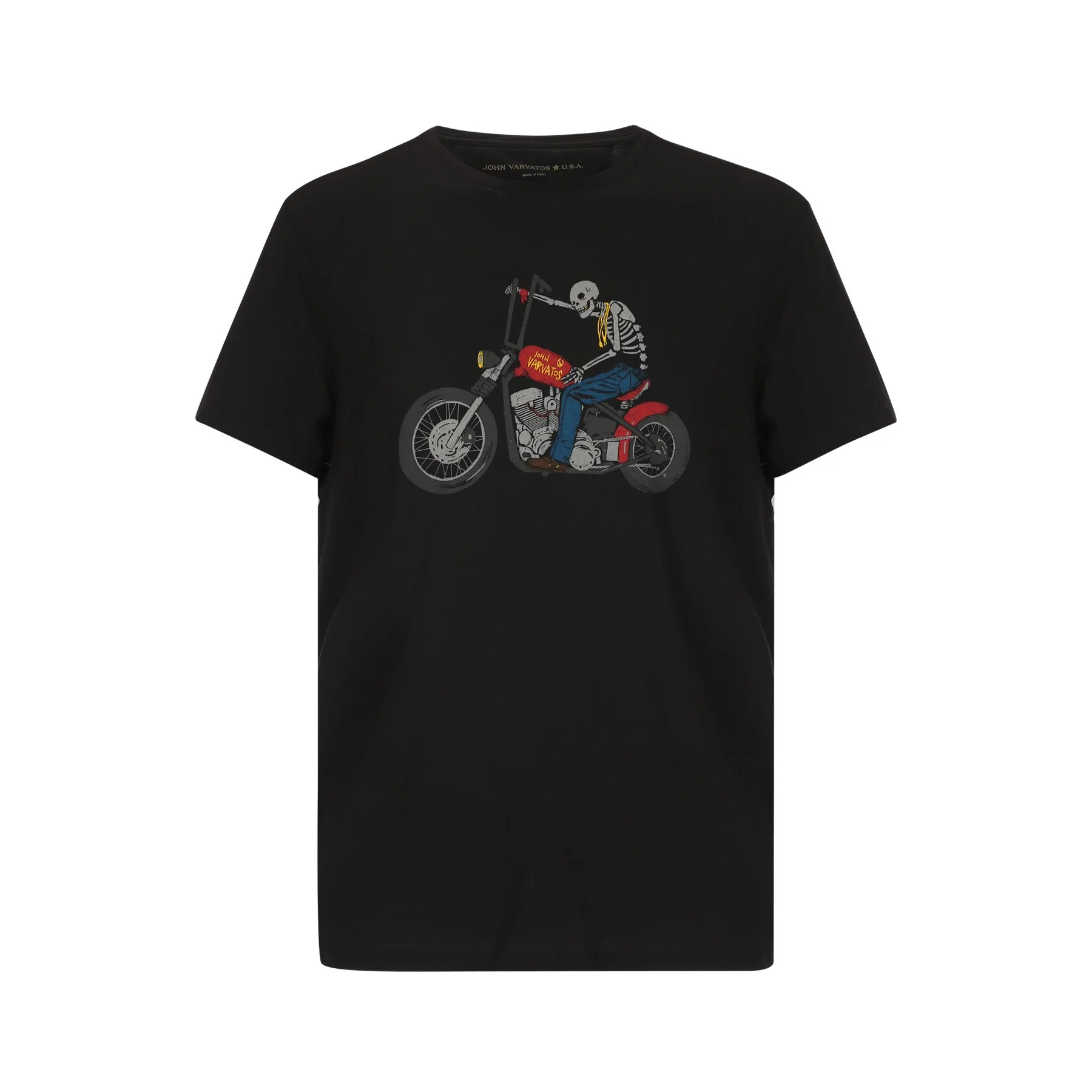 Black T-shirt with graphic illustration of a skeleton riding a motorcycle with a red gas tank, yellow lanyard, and blue jeans.