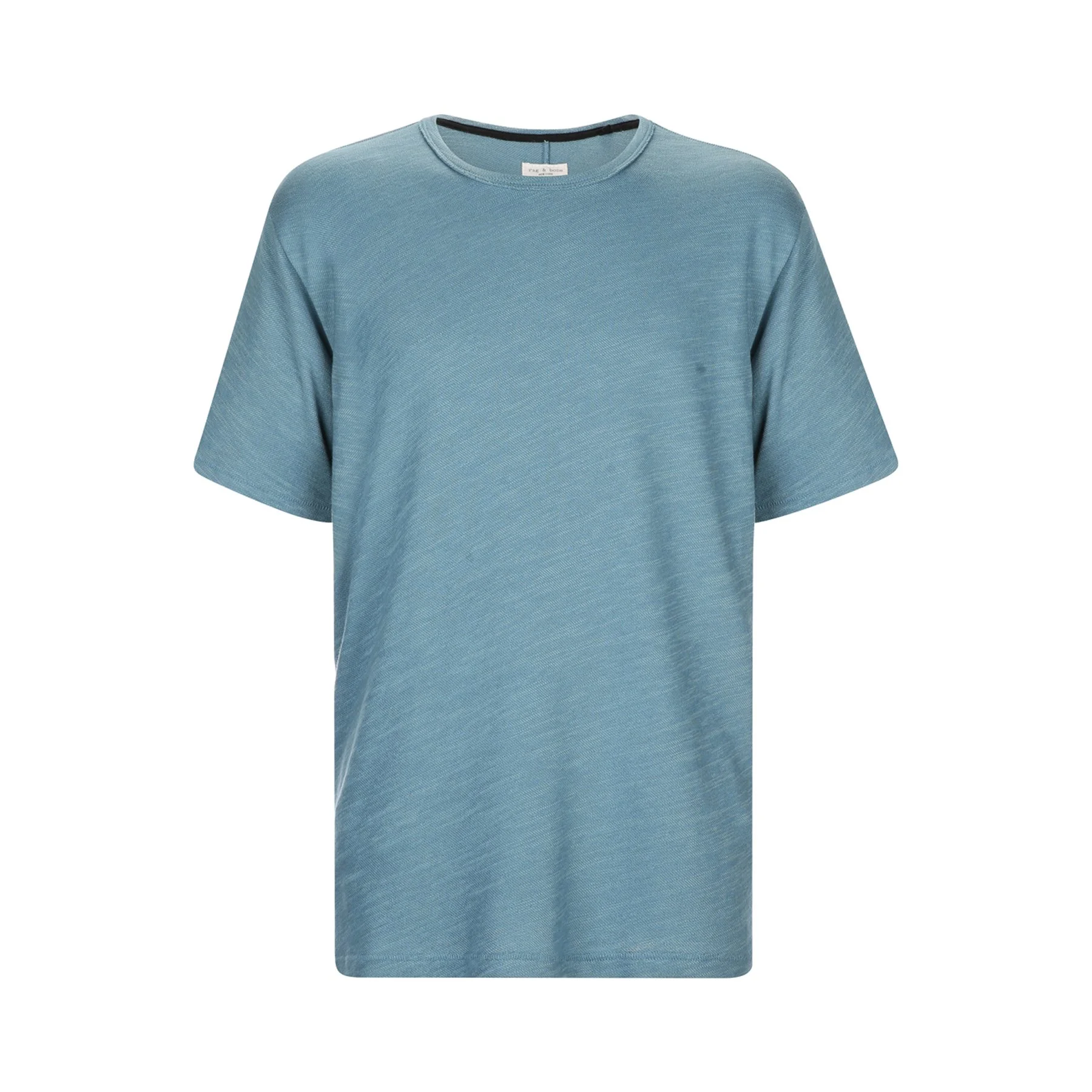 Light blue short-sleeve knit t-shirt with crew neckline on a white background.