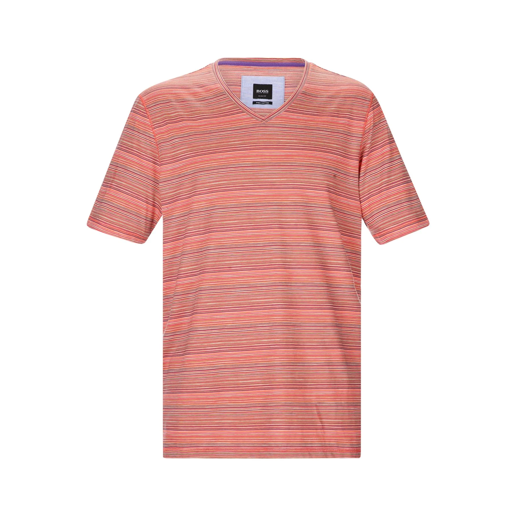Pink and orange striped short sleeve t-shirt with a V-neck.