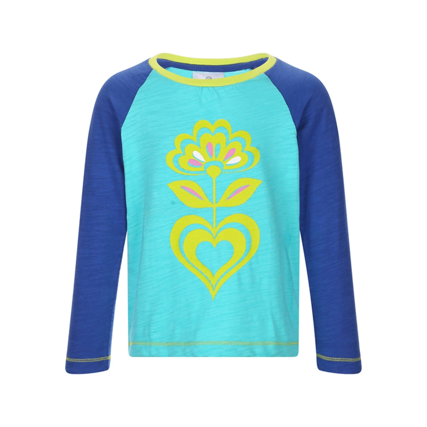 Colorful long-sleeve shirt with a blue body, blue sleeves, and a yellow-rimmed neckline featuring a floral design in yellow, pink, white, and blue on the front.