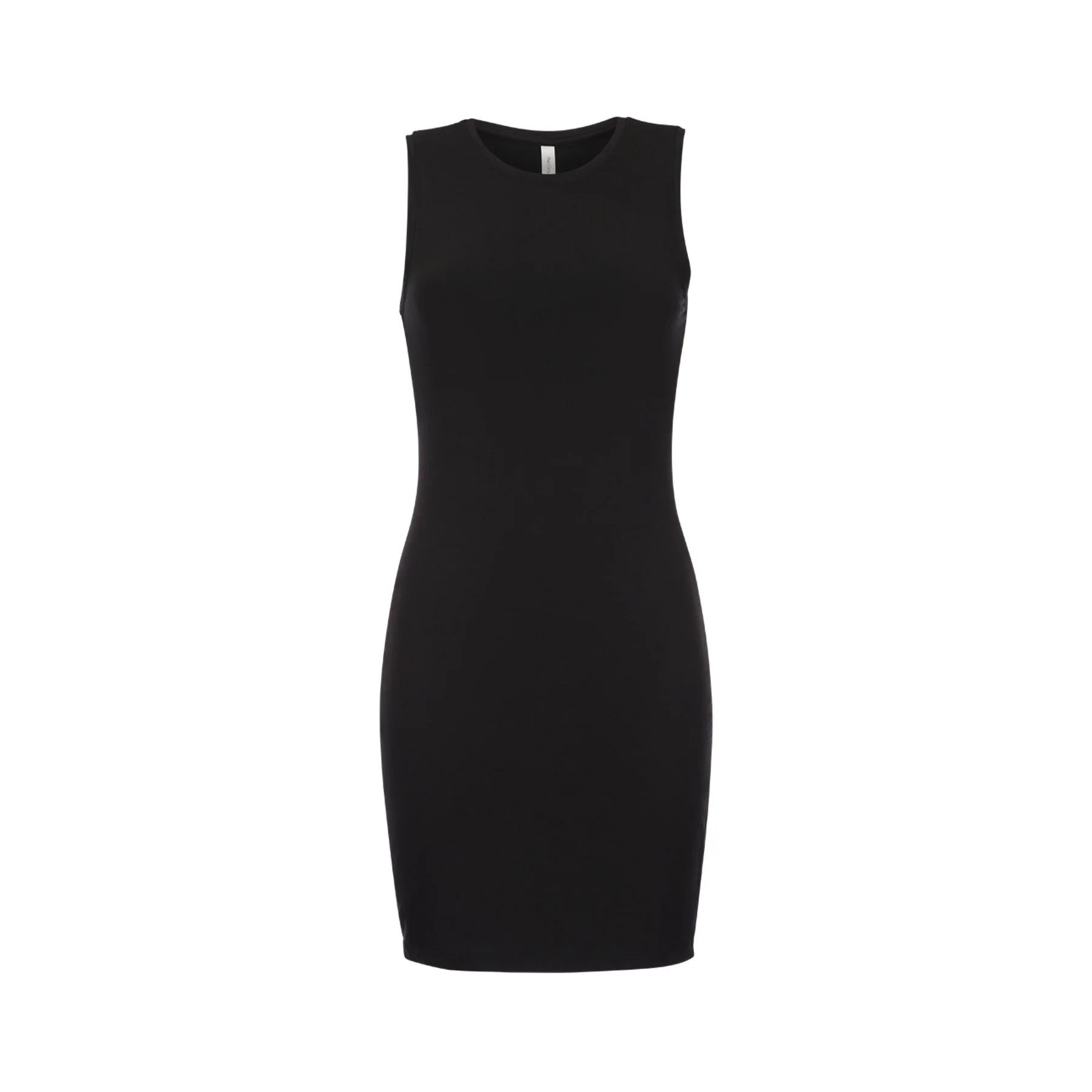 A sleeveless black dress with a fitted silhouette.