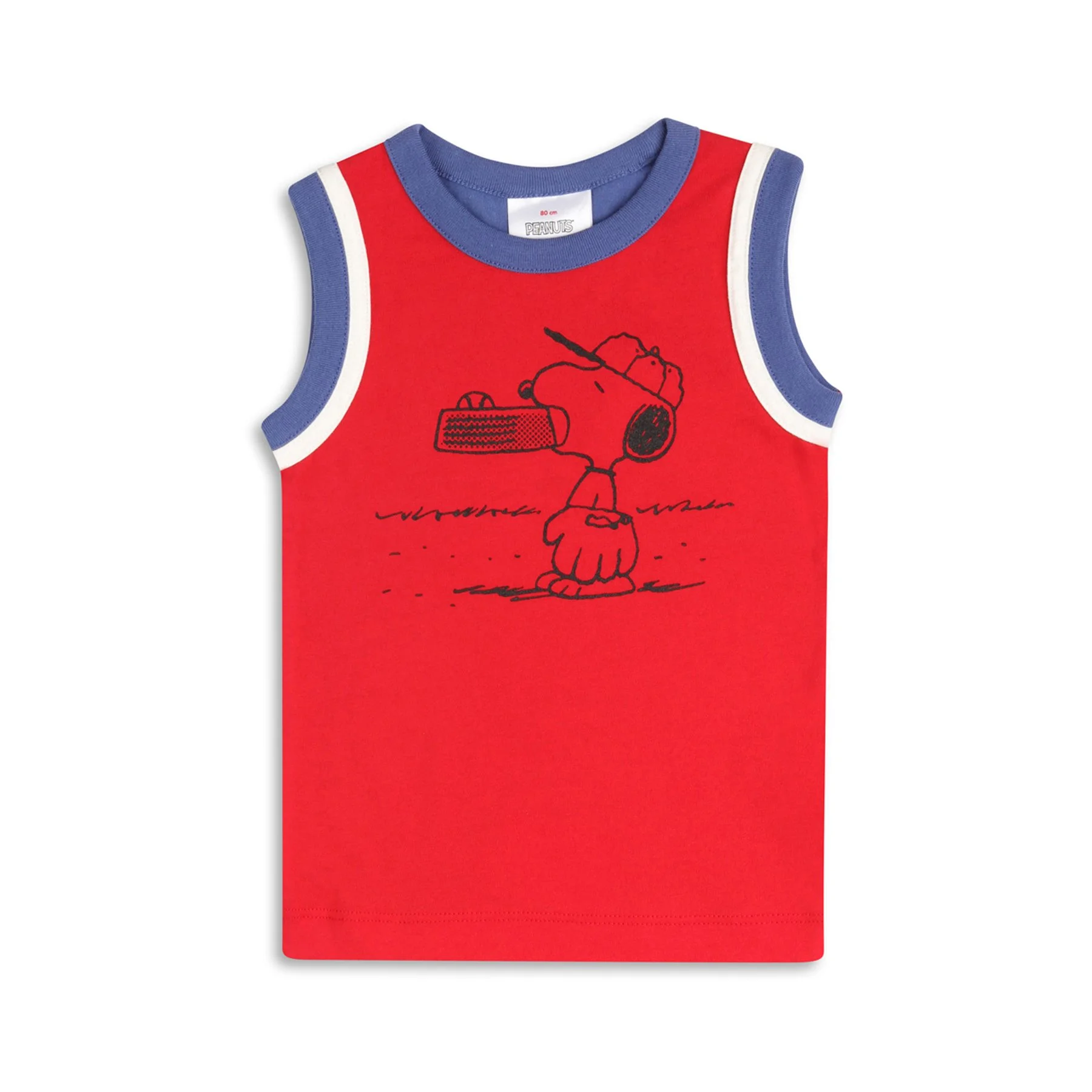 Red sleeveless shirt with blue and white trim around collar and sleeves, featuring a cartoon drawing of Snoopy from Peanuts holding a radio on the front.