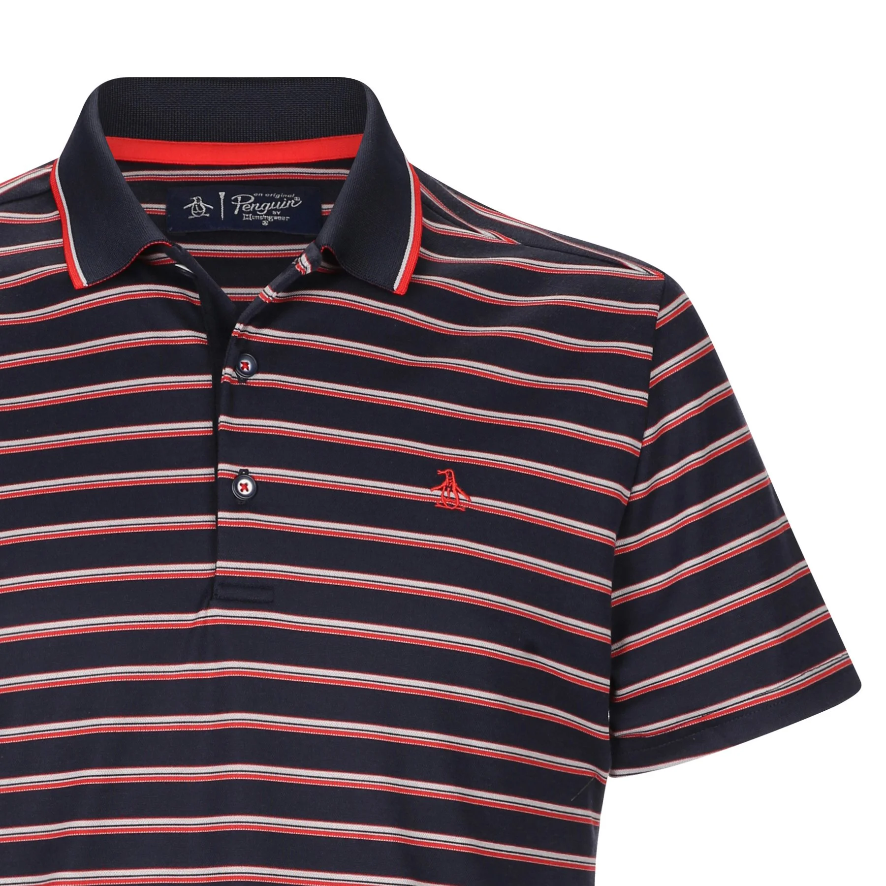 Close-up of a striped polo shirt with a logo embroidered on the left chest, featuring horizontal navy blue, red, and white stripes, a pointed collar, and button closure.
