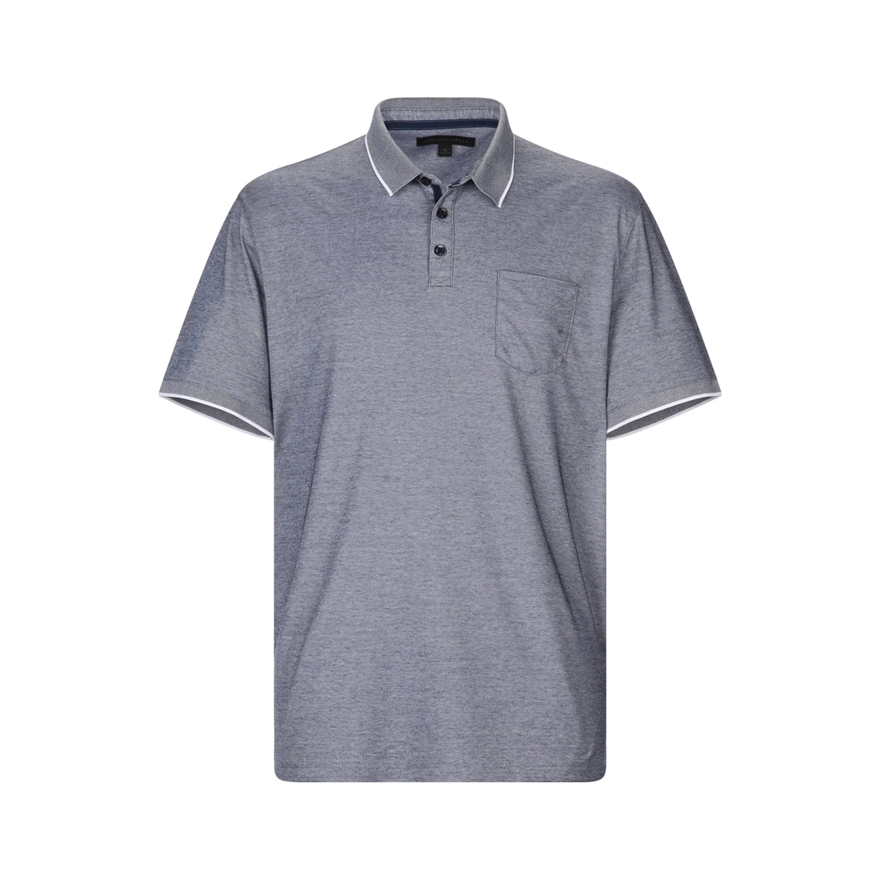 Gray polo shirt with white and navy accents on collar and sleeves, front pocket, button-up collar, short sleeves, and plain design.