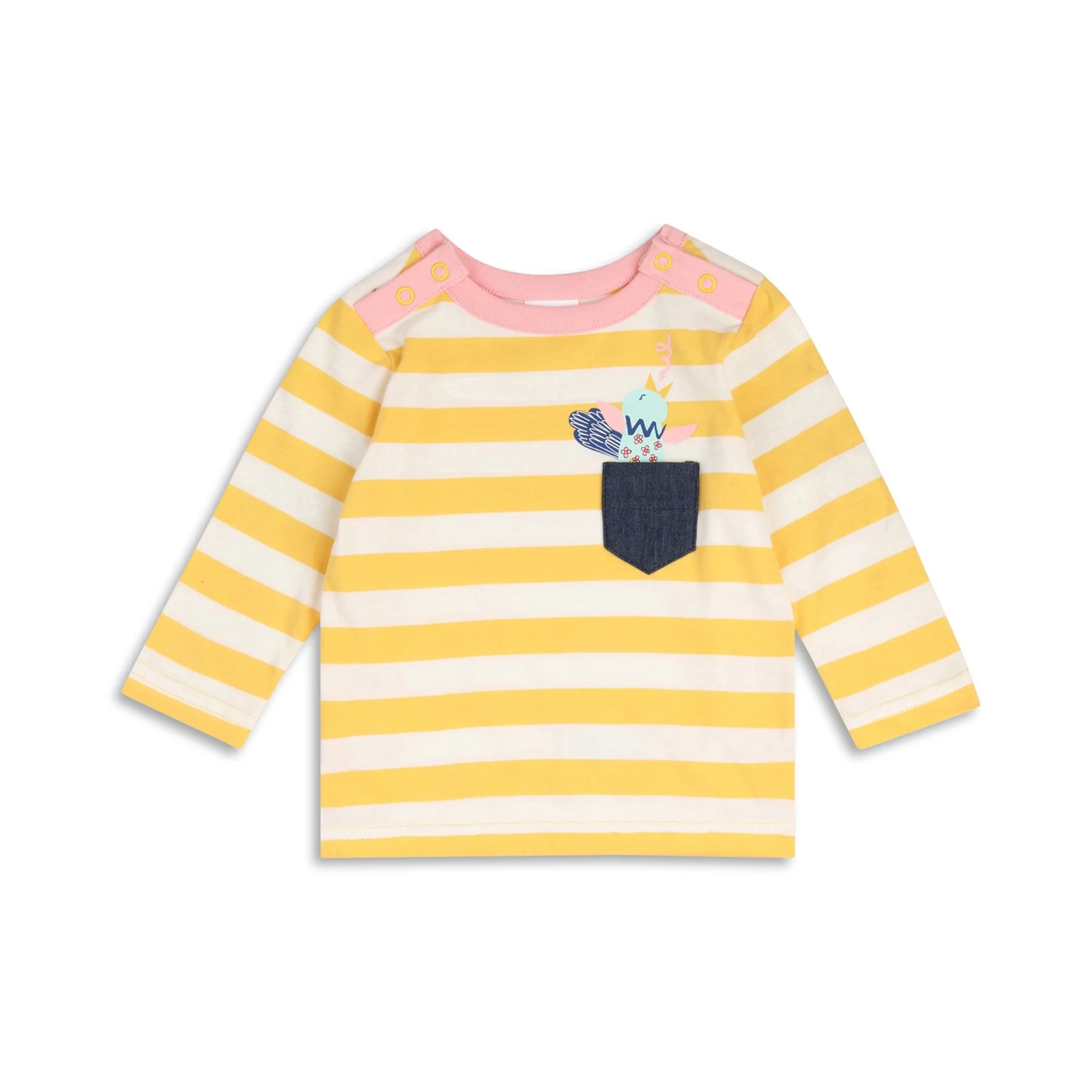 Child's long sleeve shirt with yellow and white horizontal stripes, pink collar and button tabs, and a front pocket with a colorful bird embroidery.