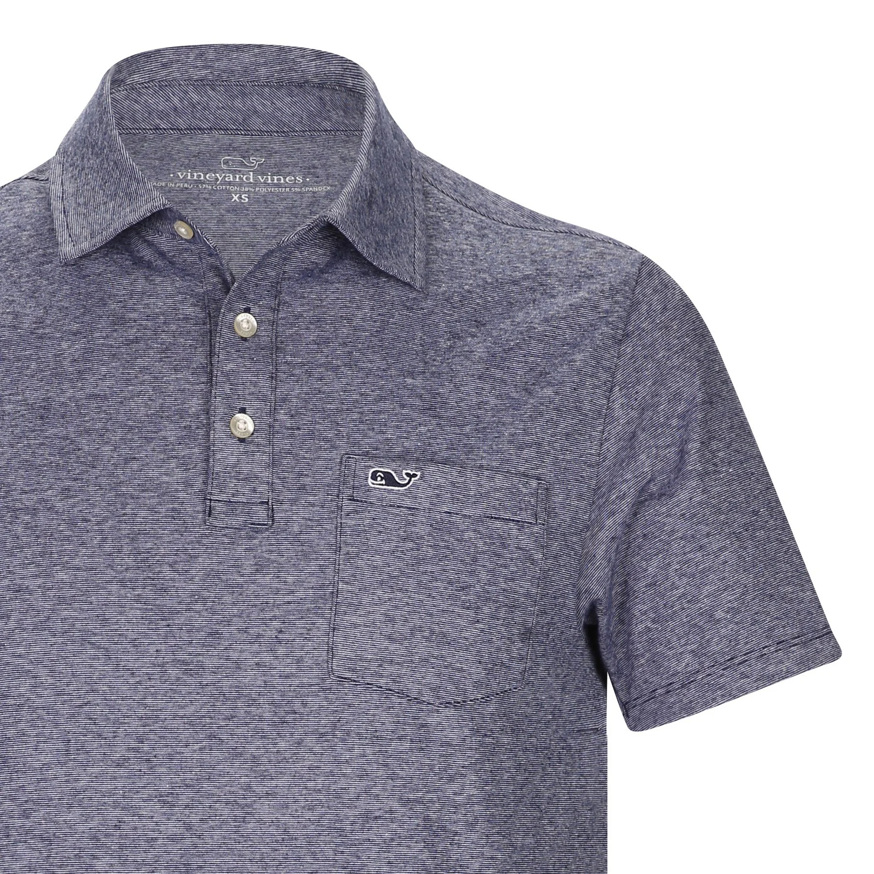 A blue long-sleeve shirt with a subtle small checkered pattern, a collar, white buttons, and a small embroidered whale logo on the chest pocket. The tag inside the collar reads Vineyard Vines.