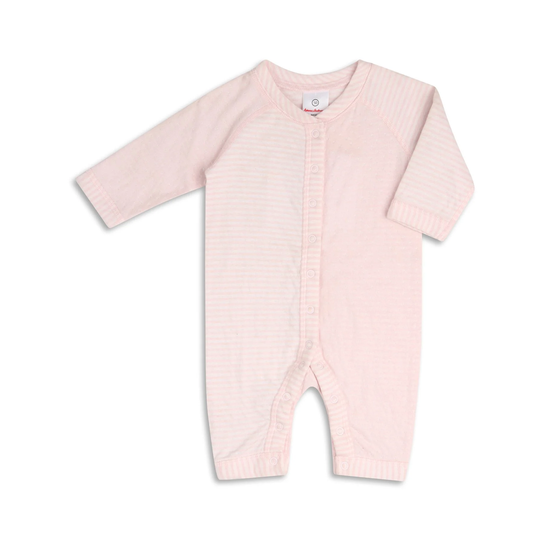 Light pink baby onesie with subtle striped pattern and snap buttons down the front and inside legs.