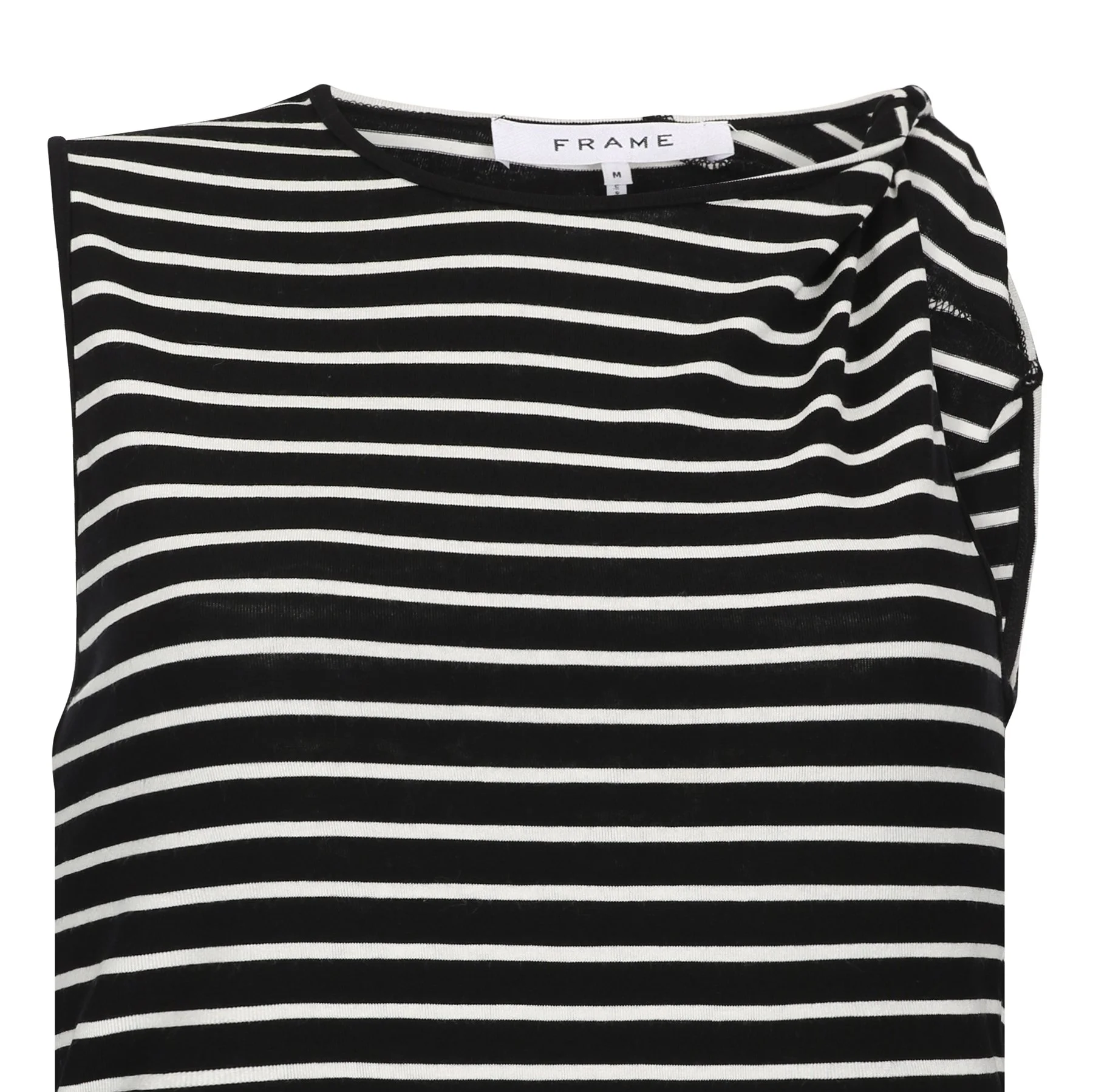 Black and white horizontally striped shirt with a round neckline, draped and partially folded.