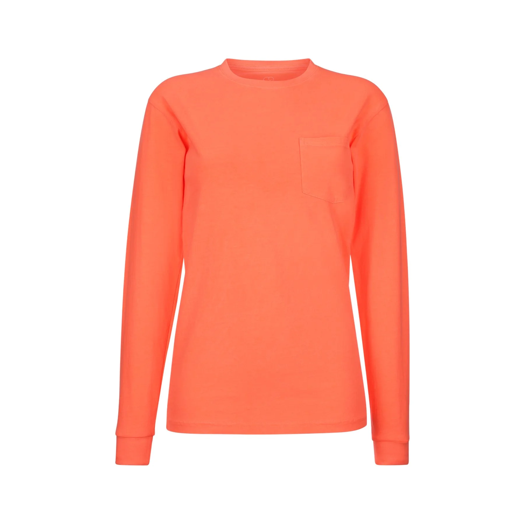 Bright coral long sleeve sweatshirt with a small chest pocket on the left side.
