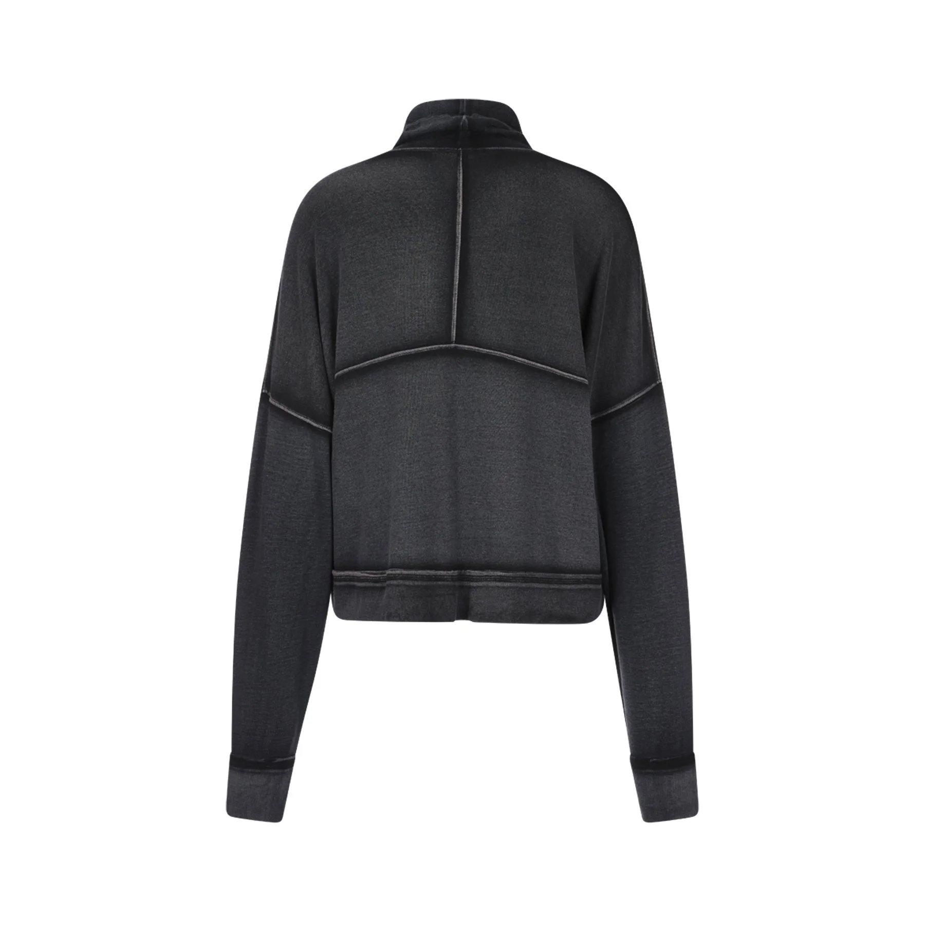 Black athletic sweatshirt with a high collar and white stitching details, displayed on a white background.