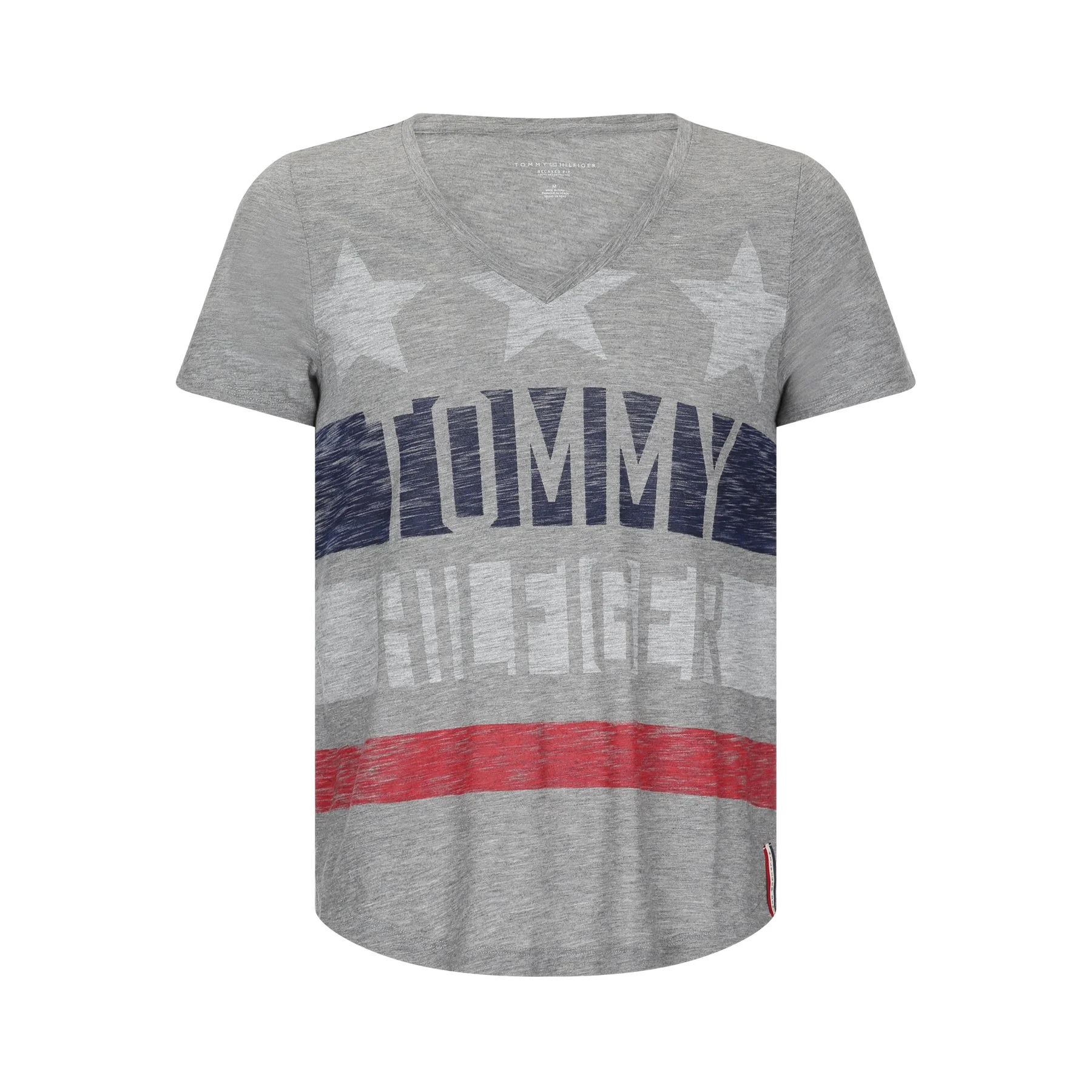 Gray T-shirt with a large graphic of the American flag and the word "HUMPTY" printed in bold letters across the chest.